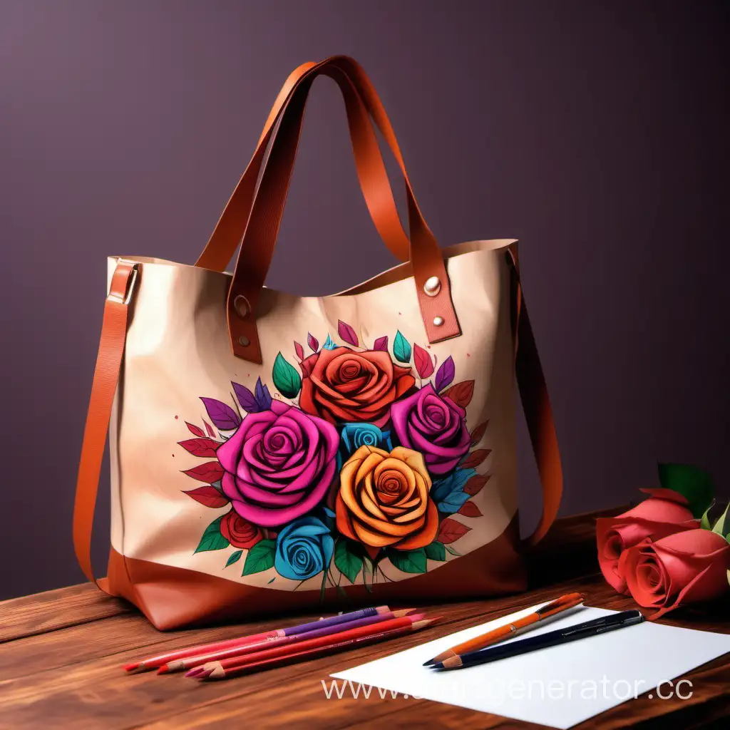 Vibrant-Rose-Art-Womans-Bag-on-Wooden-Table