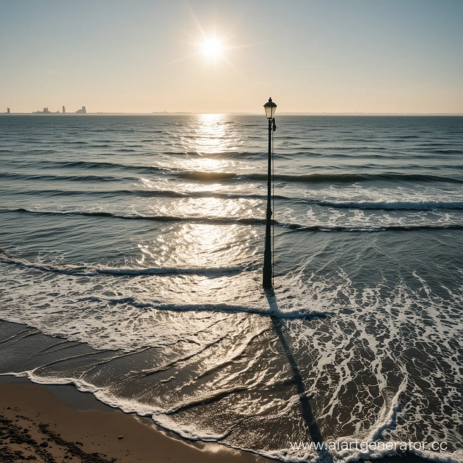 Modern-City-Streetlight-Pole-Amidst-Empty-Sea-on-Bright-Day