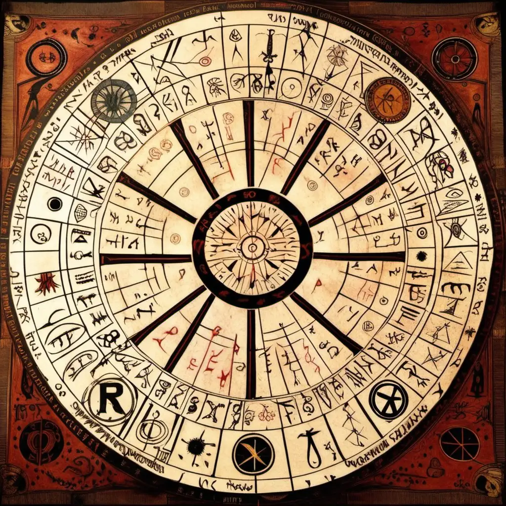 scandinavian runes on two astrological wheel, loose lines, wheel will be round, 