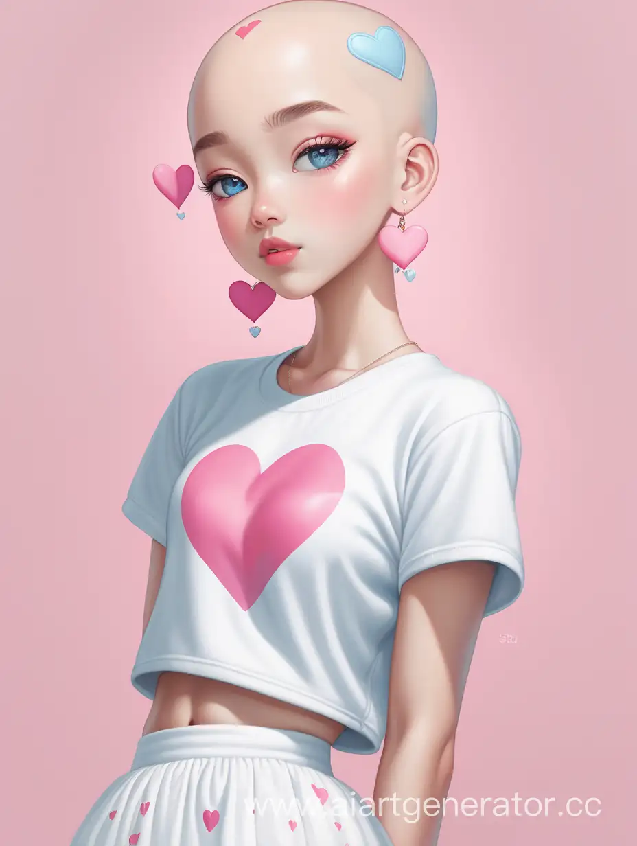 лысая девушка с азиатскими чертами лица, в полный рост, с голубыми глазами и розовыми губами, в белой футболке и в белой юбке, с розовыми сердечками над головой и с белыми сережками