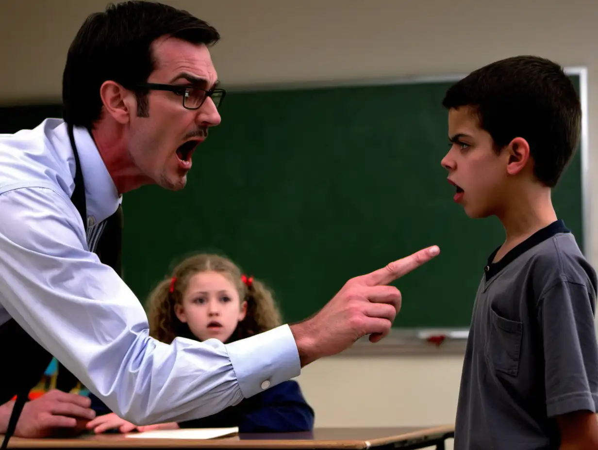 A male school teacher scolding a young white student in a classroom setting