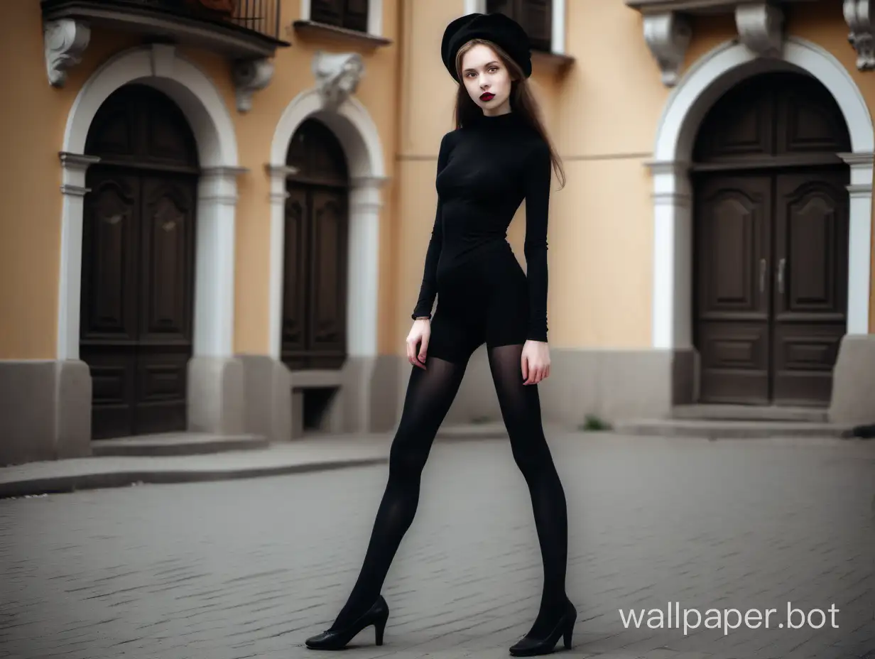 Girl in black tights in full height on the street of an old noir baroque town