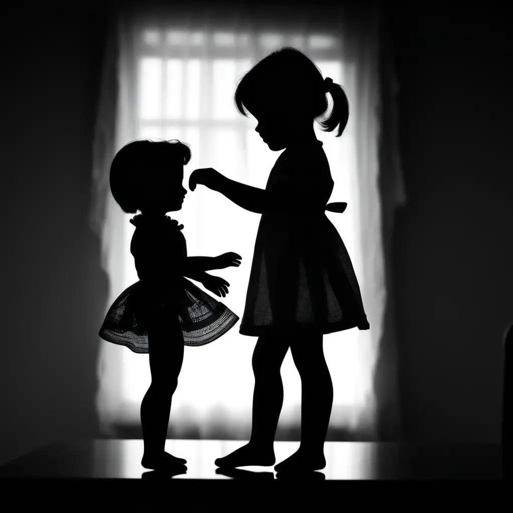 silhouette of kid playing with a doll that reminds me of my  childhood, nostalgia, not scary
