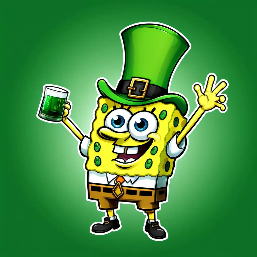 Create a cartoon drawing of spongebob SquarePants celebrating st Patrick's day, no background 