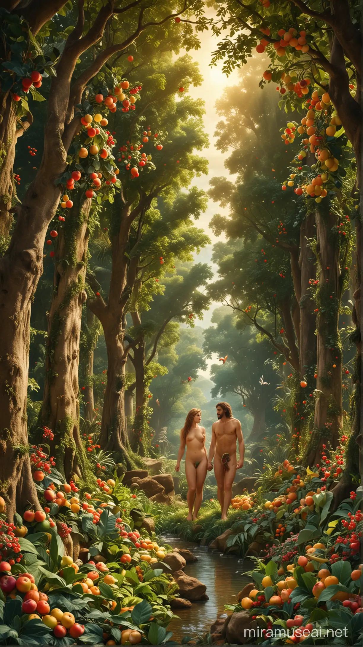 Generate an image depicting the serene garden of Eden before the fall of man, with Adam and Eve surrounded by lush greenery and bountiful fruit in ancient world 