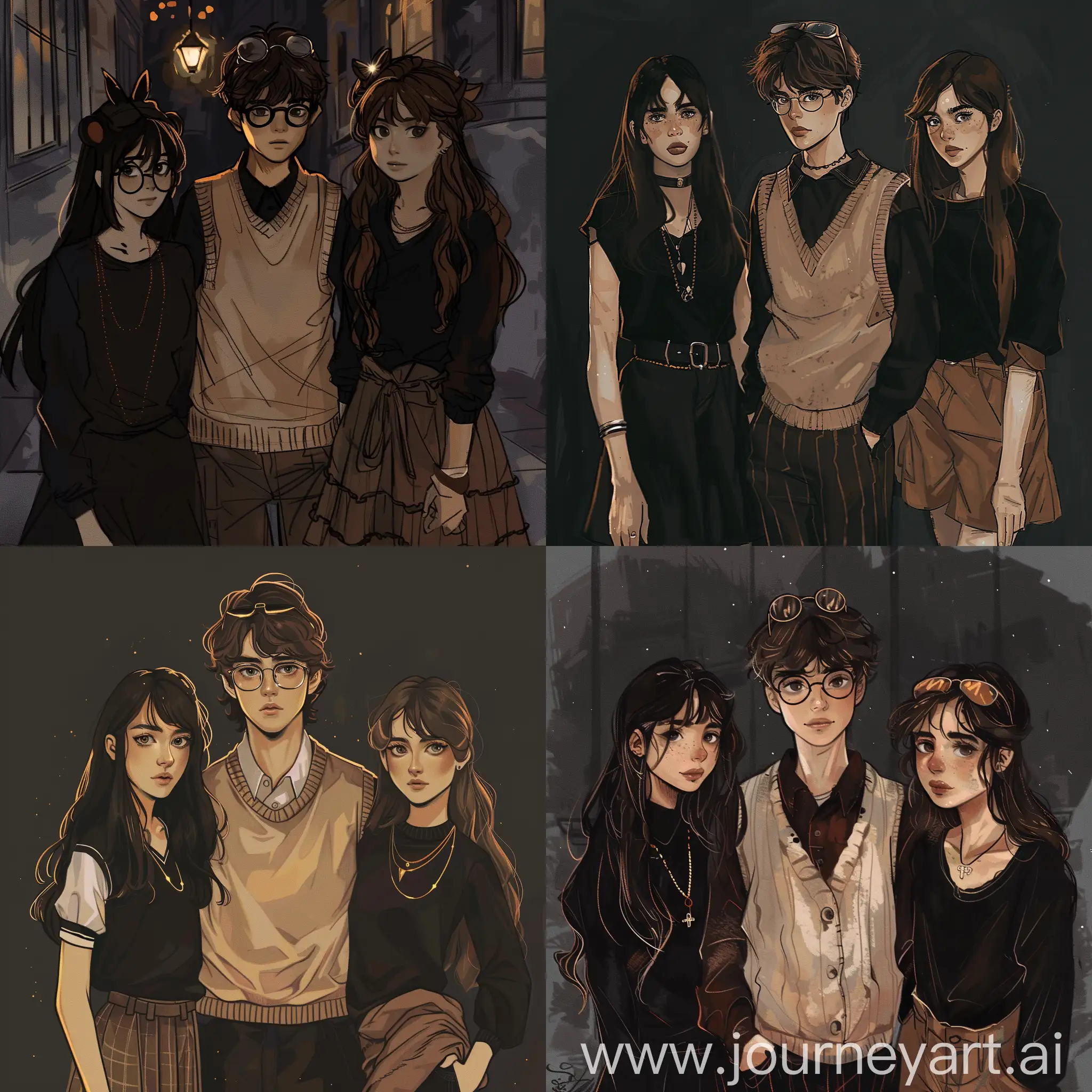 three teenagers, one boy in the middle with brown hair and glasses on his head with brown beige sweater vest, one girl with long dark hair and black outfit, and another girl with short brown hair with comfy clothes, night theme, dark, drawing, sketches, teenagers