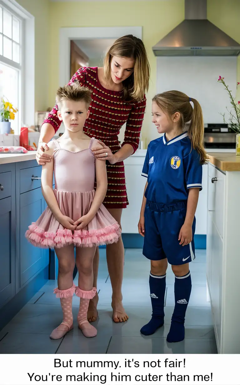 Mother-Dresses-Son-in-Ballerina-Costume-while-Daughter-Wears-Football-Uniform