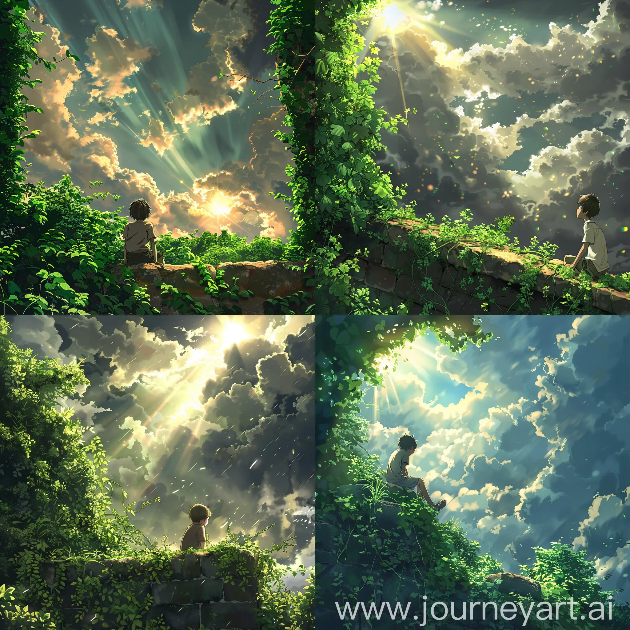 Anime scene highly detailed greenery a boy looking at the cloudy sky and sunlight sitting over the stone make it beautiful digital illustration anime style 4k resolution highly detailed
