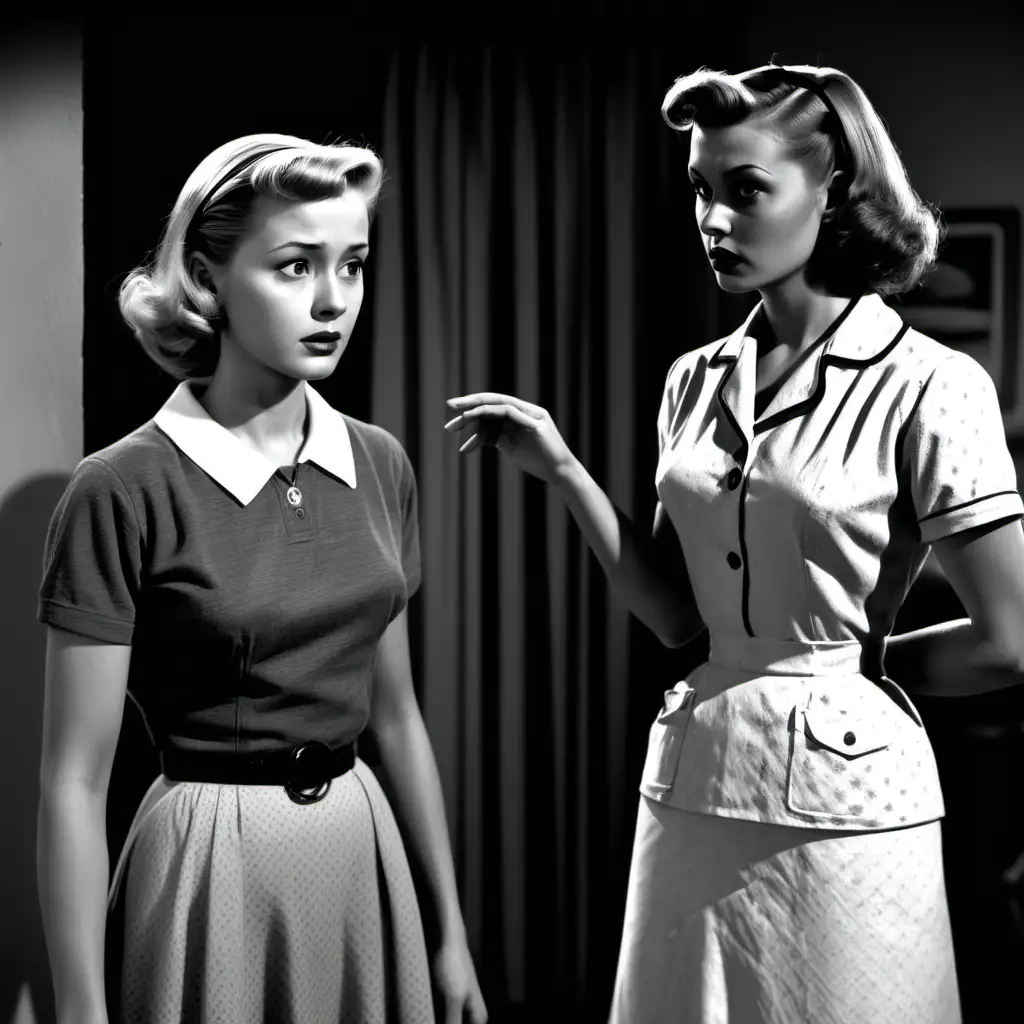 Nancy Drew confronted  by a widow early 50's clothes, hairdo, setting and graphic 