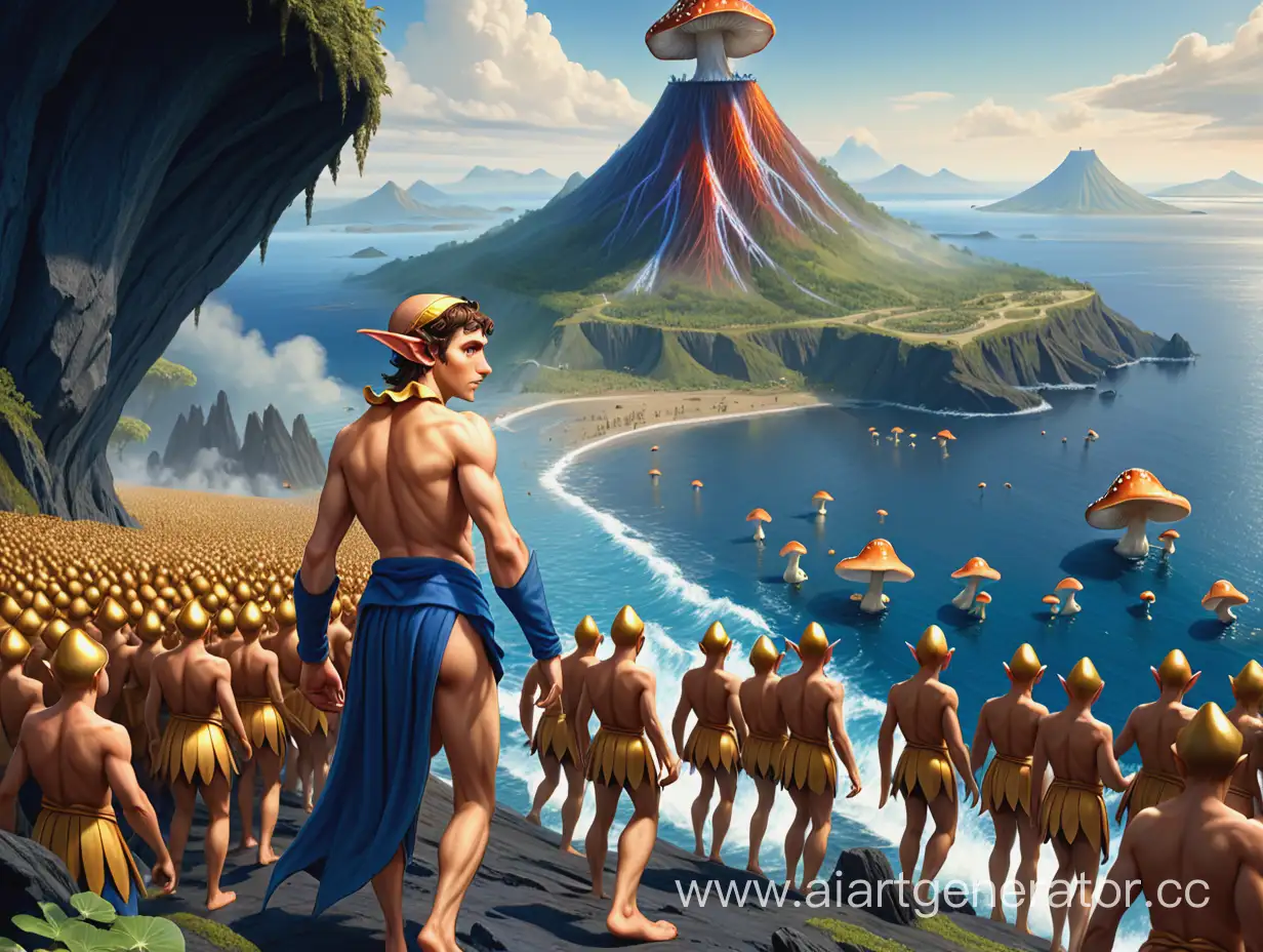 GoldenSkinned-Elf-Leader-Guides-Crowd-from-Mountain-Pass-to-Seashore