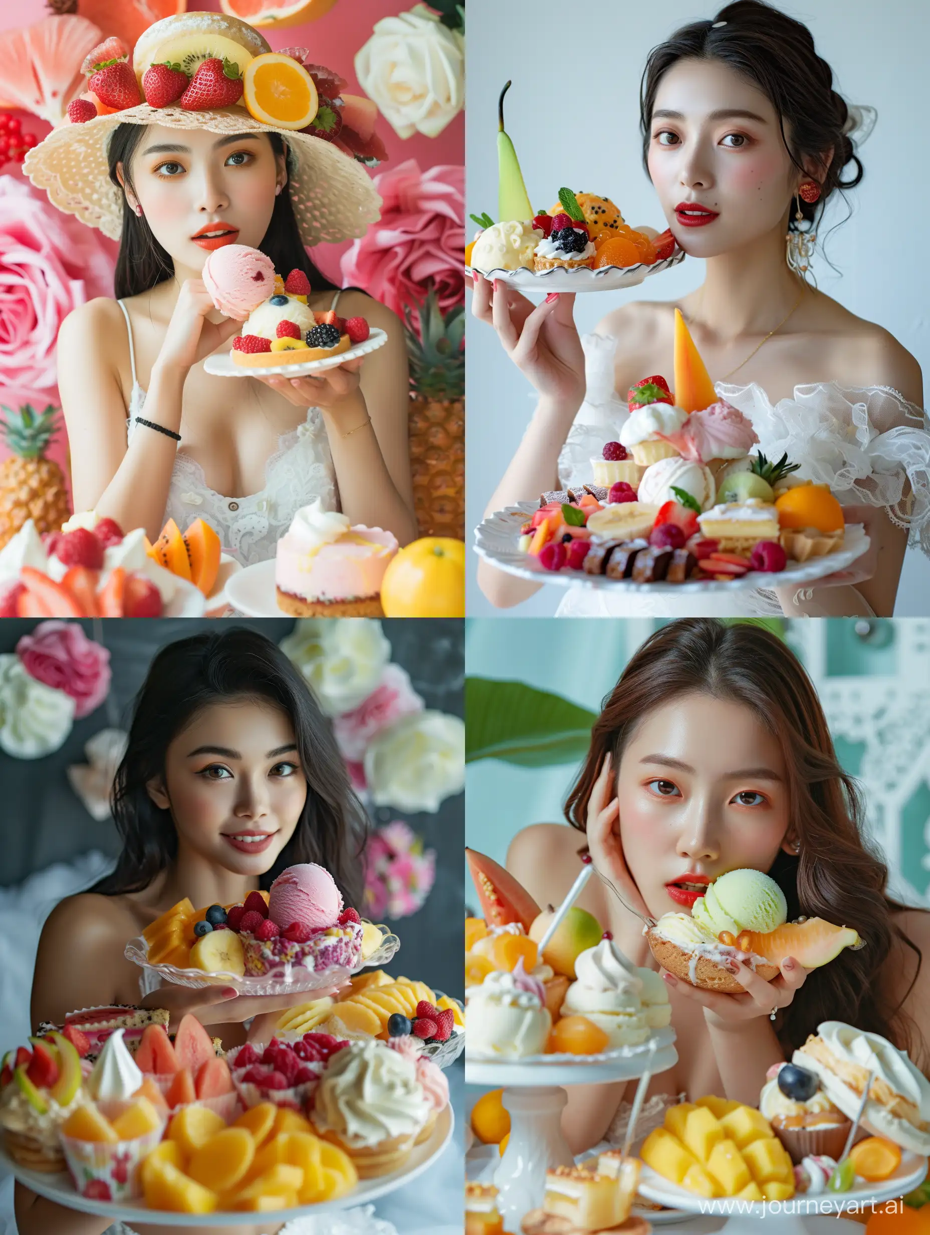 Beautiful Asia Woman Enjoying a Feast of Fruits Ice Cream and Cakes