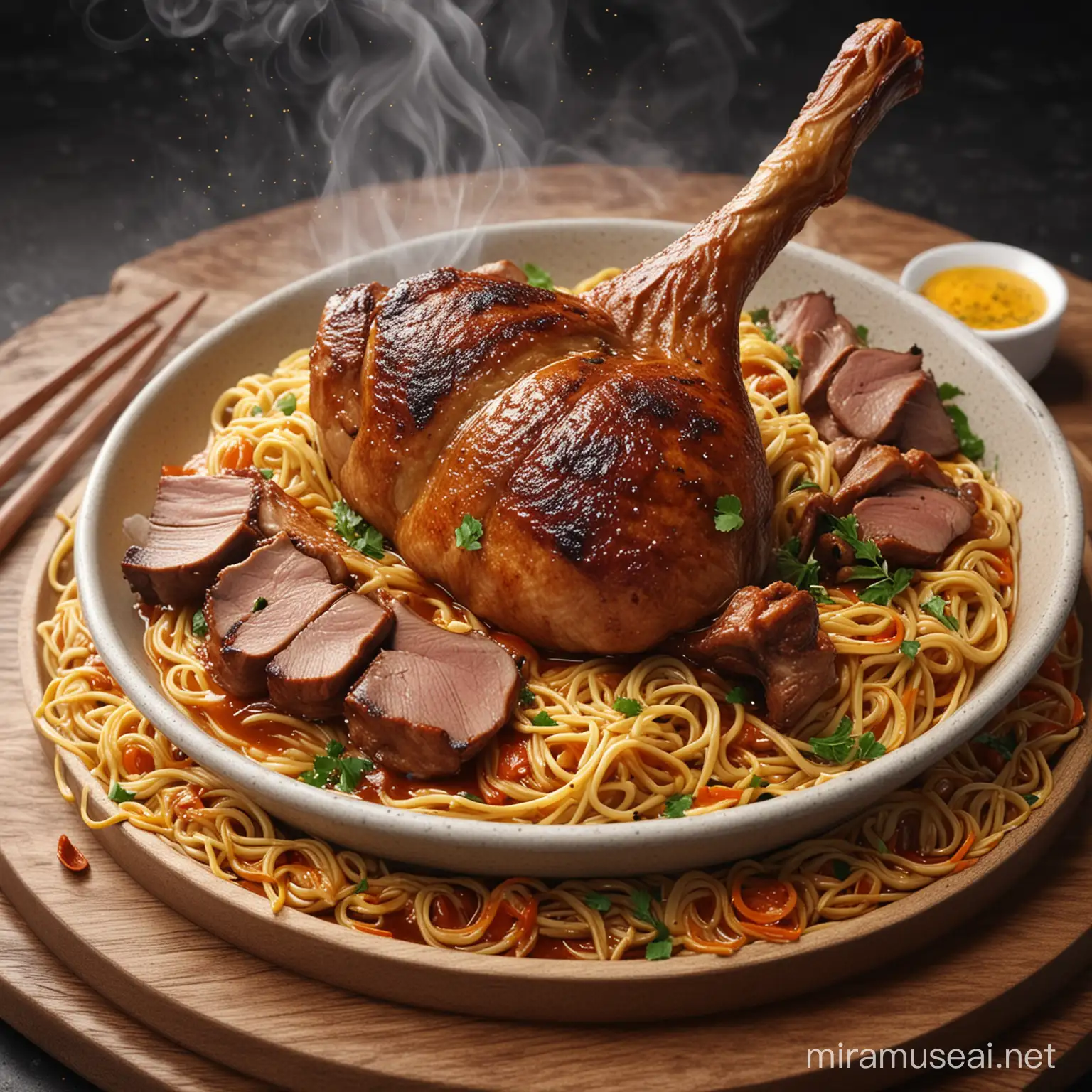 Delicious Roasted Duck Drumstick with Curry Noodles in a Steamy Scene