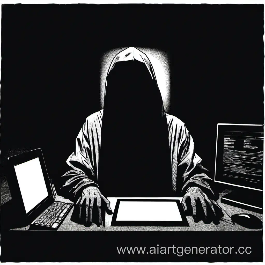 человек без лица за компьютером в темной комнате с глухим освещением