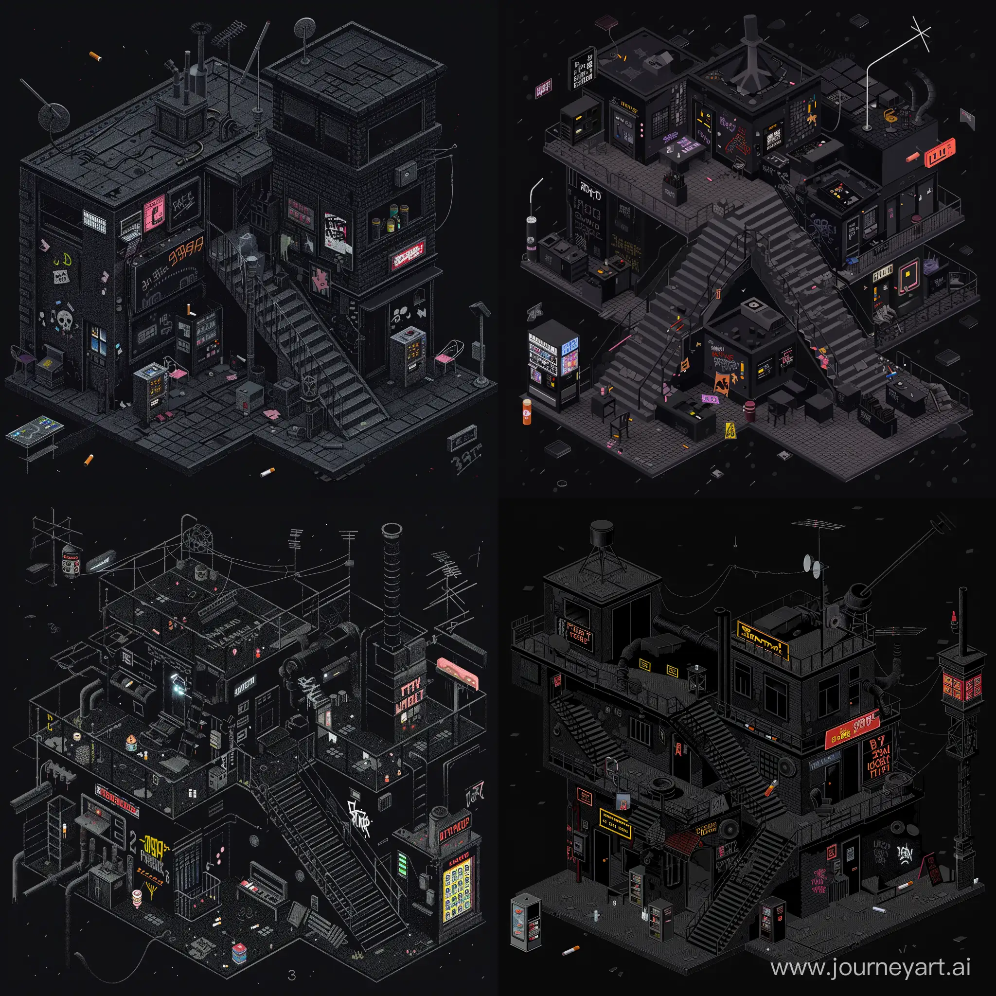 1980s spooky steam isometric game map , black , cinematic , rpg game , scene , dark game , stage's , city level's dark , sign's , game , room's , noise , old , game map , antenna , broken , level's , abandoned room's , graffiti , cigarettes , underground black level's , city level's , old , stair's , dark , roof's , black , vending machine , 3d render , game , chair's , window's , town , trash , 64-bit , neon telephone