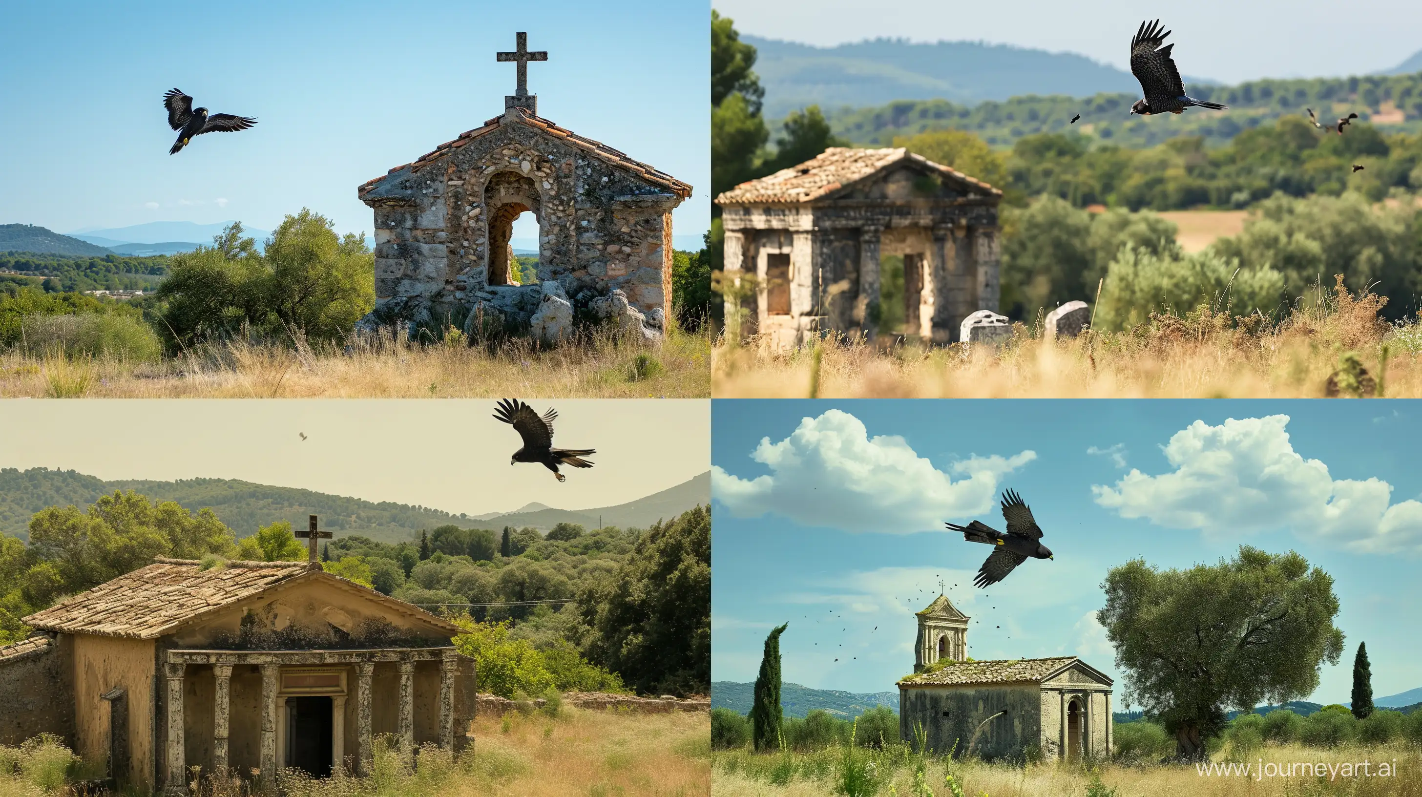 a black falcon flying over a Roman chapel in a rural Provencal setting, photography, random view, photography --ar 16:9 --style raw