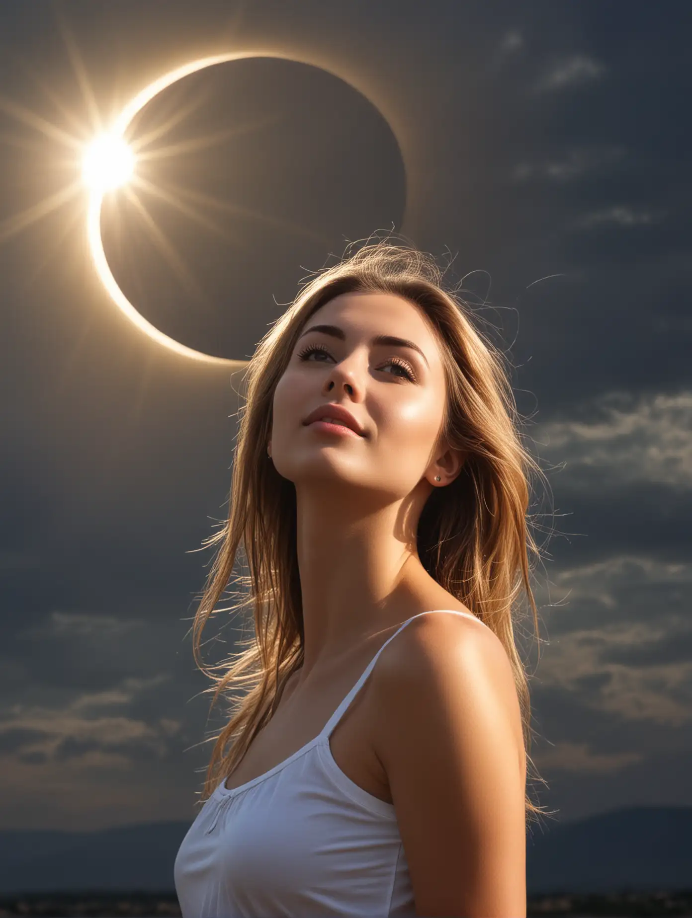 beautiful young woman and behind sun eclipse
