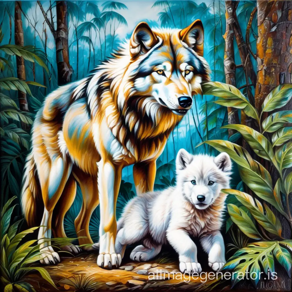 ferocious wolf with white cub in rustic jungle oil painting vibrant colors