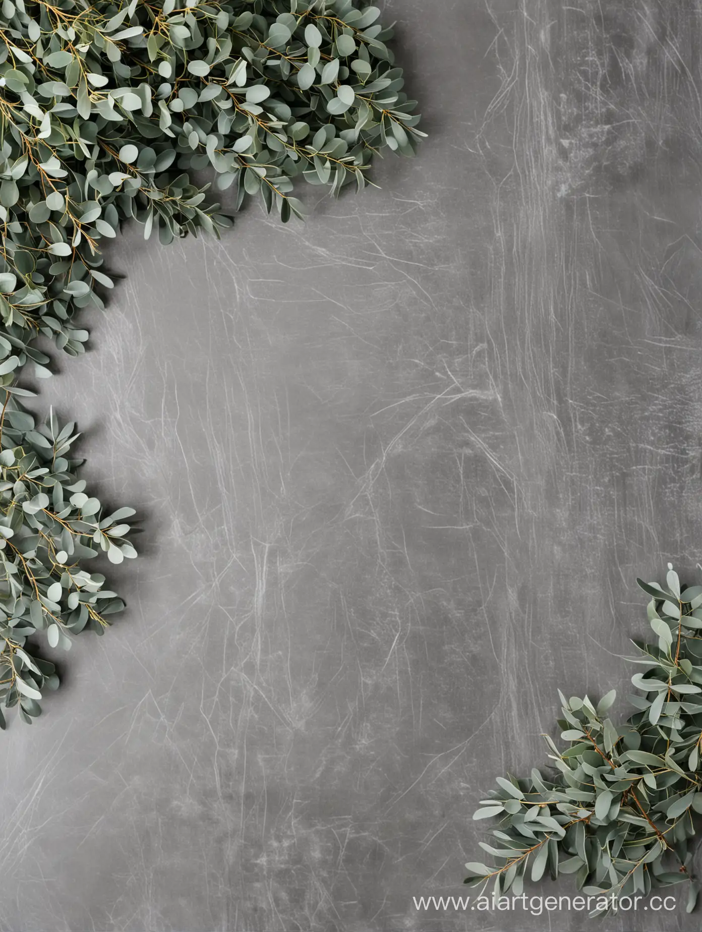 gray table with stone texture top view, eucalyptus sprigs on the sides