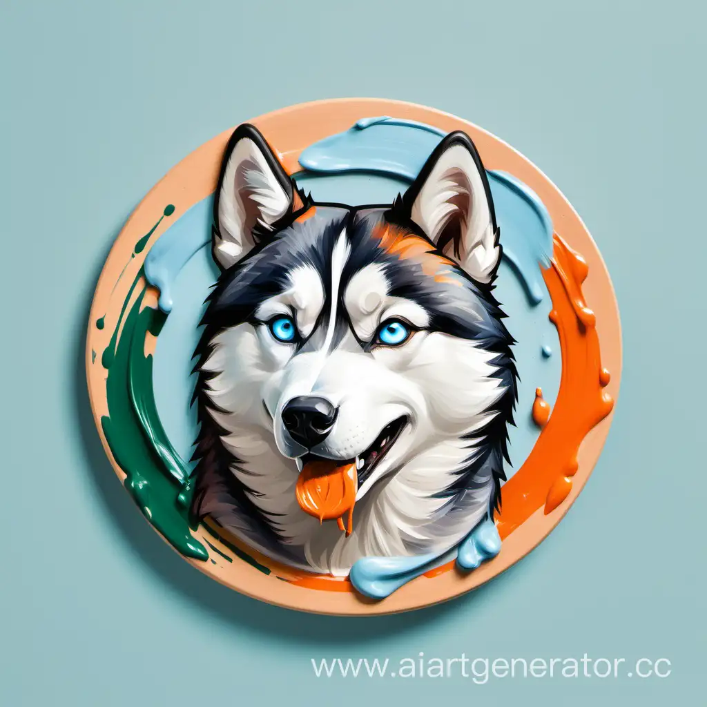circle icon with orange and green paint strokes, husky with sky-blue eyes in the center, paint brush in the teeth of husky
