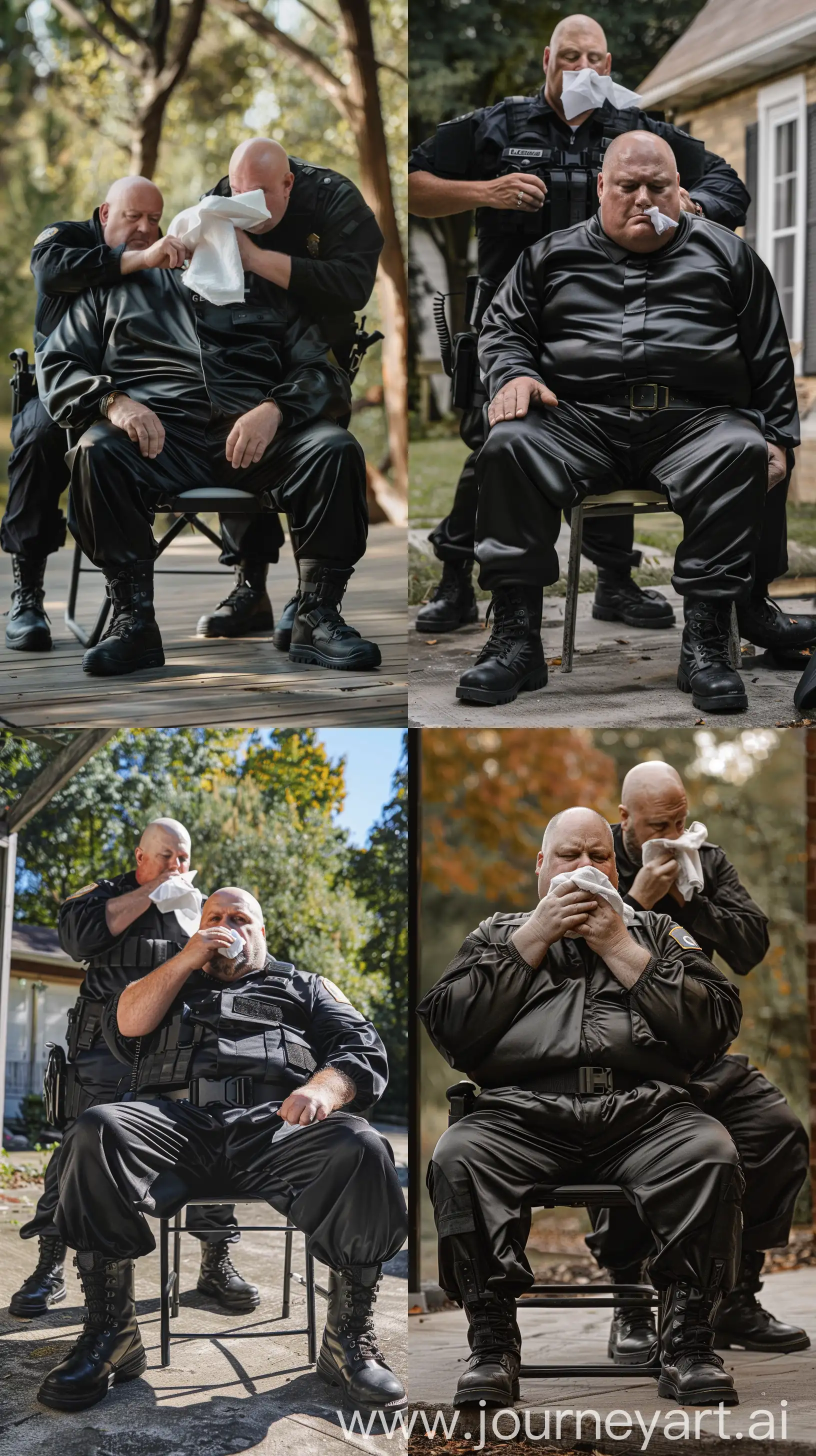 Photo of two very fat man aged 60 wearing a silk black security guard skinny-fitted full coverall tucked in black tactical hiking boots. Black tactical belt. One of the men is sitting in a chair. The other man is behind him and placing a gag cloth on his mouth. Outside. Bald. Clean Shaven. Natural light. --style raw --ar 9:16