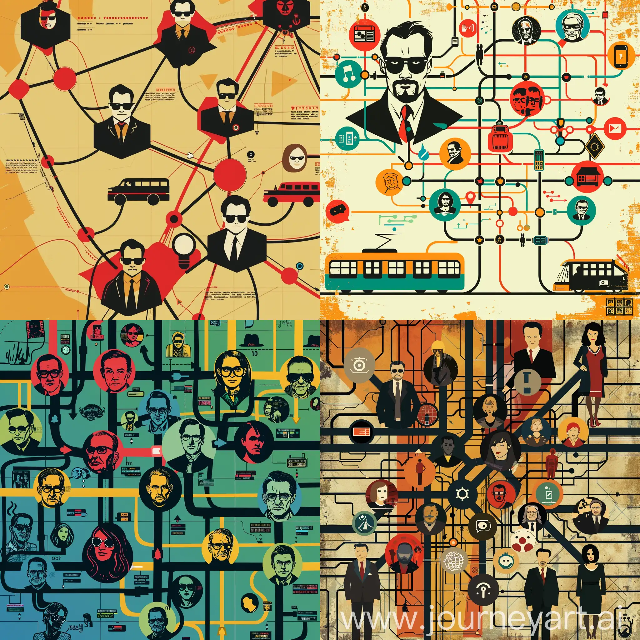 pop art style, Connections like a metro map, social media icons,  illustrations in the style of Tarantino, without human,