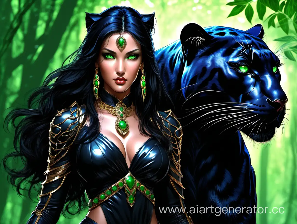black haired and green eyes Panther women fantasy art