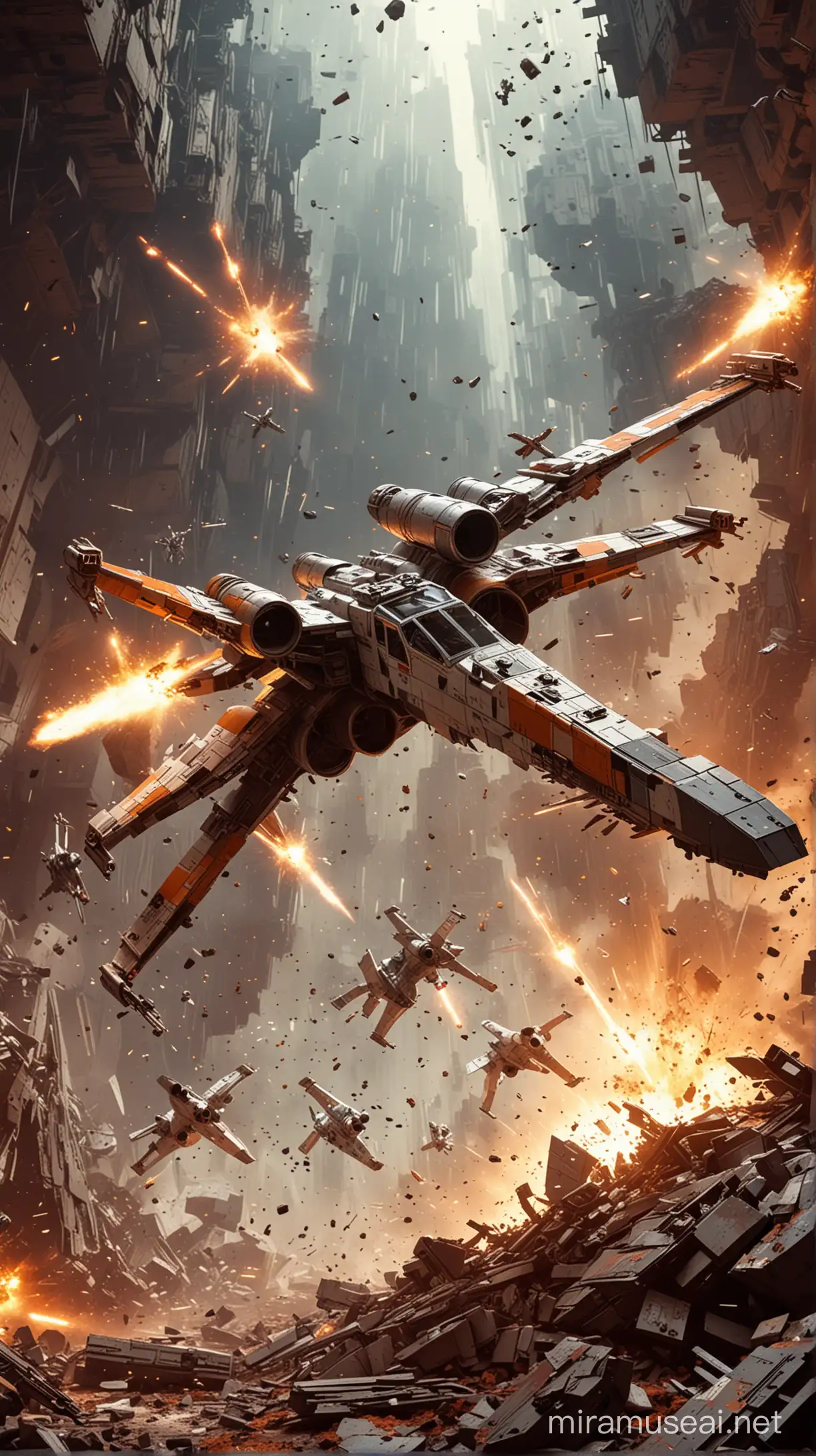 Prompt: A climactic Star Wars battle scene featuring an X-wing flying through debris, Pixel art style, Chrome metal material, Backlit by the glow of explosions, Warm colors dominate, Seen from a low angle, Extremely detailed, --ar 16:9 --v 6