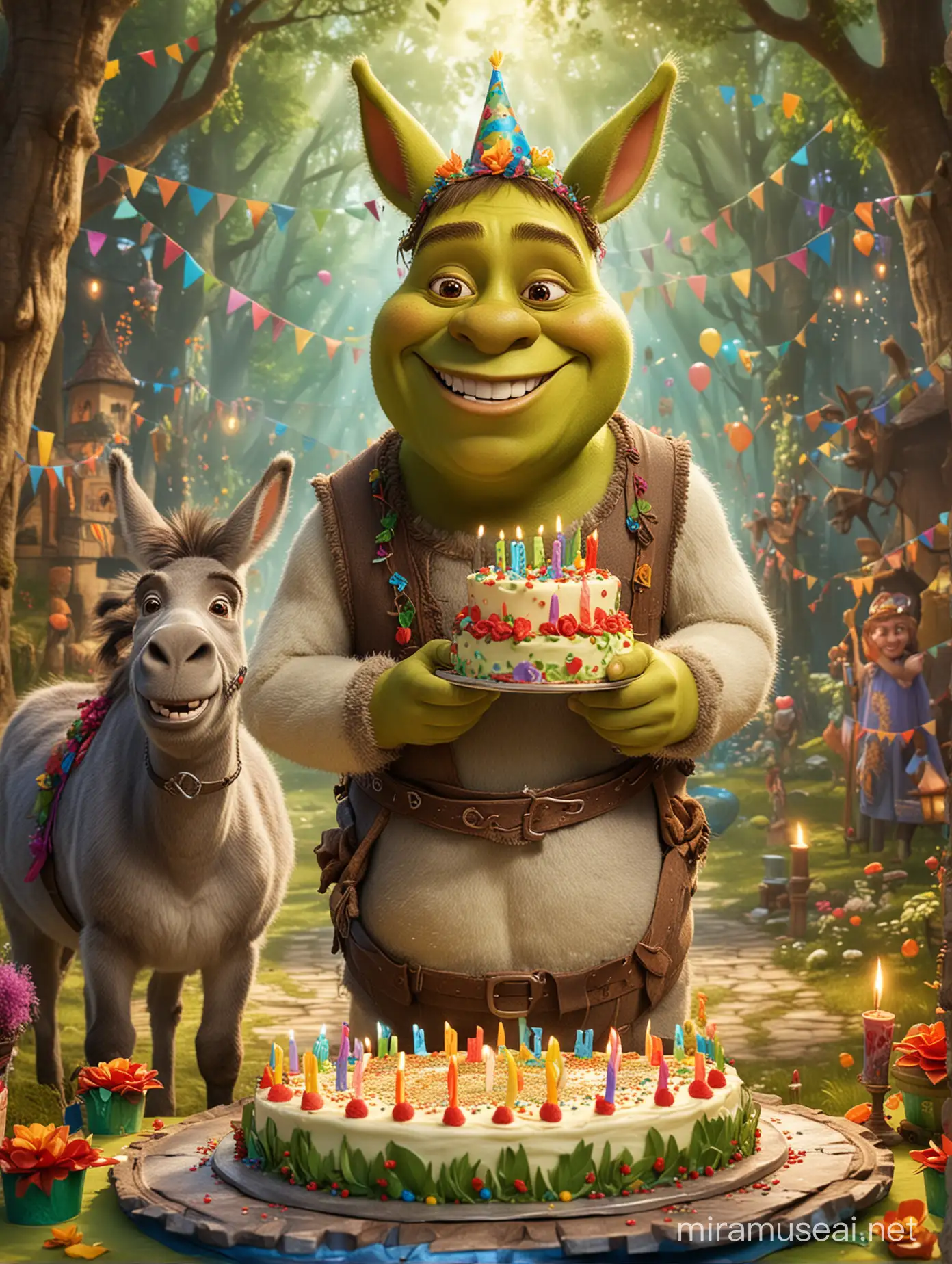 Shrek is smiling and holding a birthday cake, with a donkey in the background singing. The setting is colorful and festive, resembling a fairy-tale forest, in portrait orientation for an A5 card. On the cake is a name 'For Ulyana'
