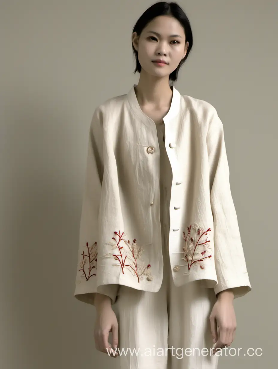 Short coat, linen material, cream color, handmade embroidery, simple and minimal embroidery, with simple pants.