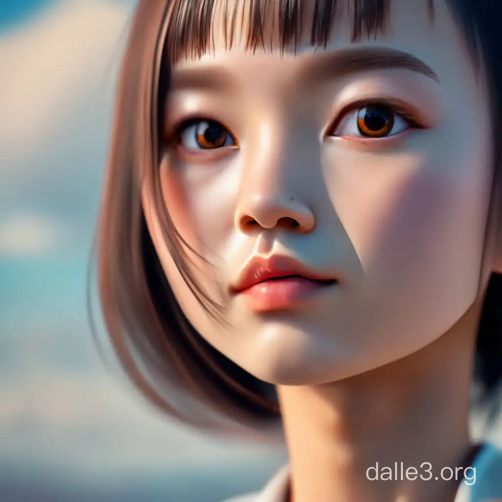 * Generate a realistic model of a cute Japanese girl with the following specifications: * Background is a realistic blue sky * Hair color: brown * Eye color: brown with dark eyes * Smooth skin texture * Facial features ratio: "from hairline to the bottom of the eyebrow", "from the bottom of the eyebrow to the bottom of the nose", and "from the bottom of the nose to the tip of the chin" in a ratio of 1:1:1 * Face width is 5 times the width of the eyes * Face width and length are in a ratio of 1:1.46 * Both eyes are balanced and eyebrows are thin and natural * No eyeliner or eye shadow * Hair is cut to shoulders length * Age: 16 years old with a slightly childish, smiling expression *  * Height: 152cm * Two arms and two legs that are balanced from head to toe * Wearing a white top and navy blue bottom, with a knee-length navy blue skirt * White high socks and black loafers shoes * Pose is slightly slanted, with the face and eyes oriented towards the camera * Generated using Unreal Engine with Super-Resolution, Ray Tracing, and high-resolution photography,8K. * full body