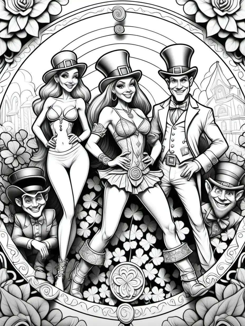 Pixar style adult theme coloring page, intricate mandala style, black and white, clean lines, sharp thin lines, no shading, 2 sexy female leprechauns and  a male leprechaun rolling in clover, 8k, high of dof  