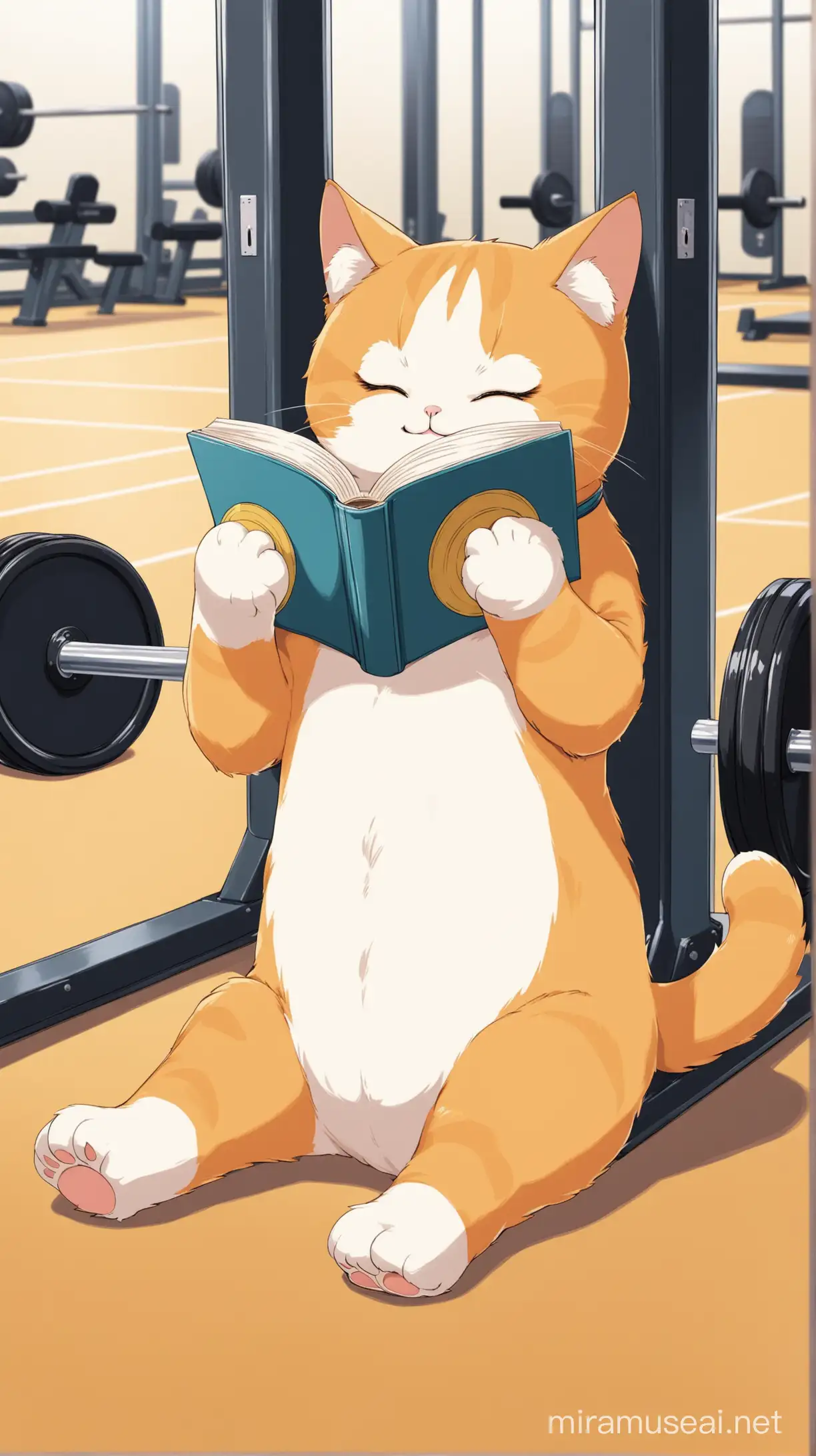 Feline Enthusiast Enjoying Manga in a Fitness Center