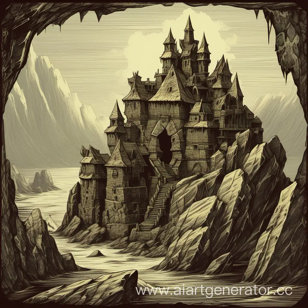 Orc-Castle-on-the-Rocks-Engraved-Fantasy-Fortress-Art