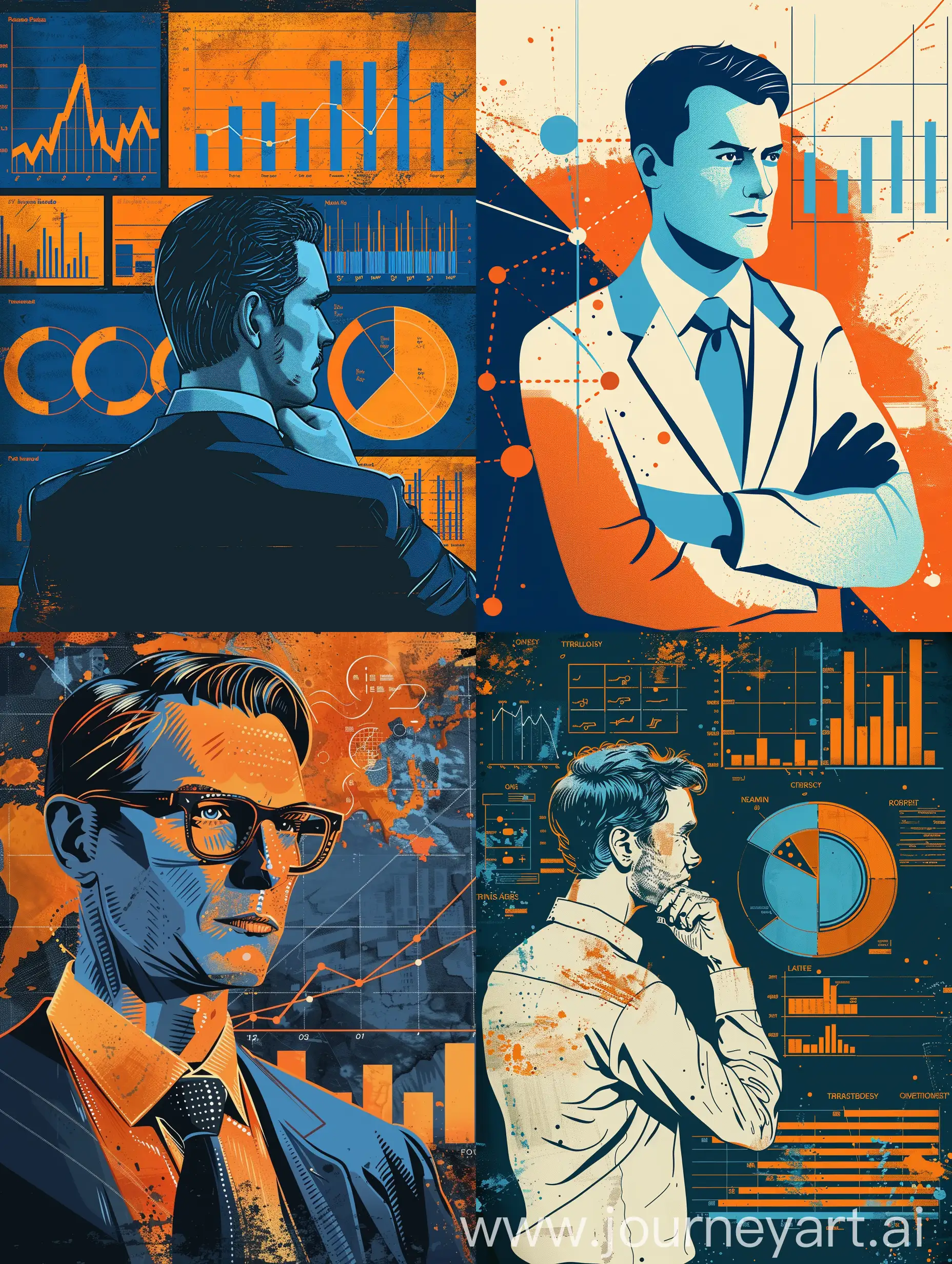 pop art style, business graph, blue and orange colors, illustrations in the style of Tarantino, without human,