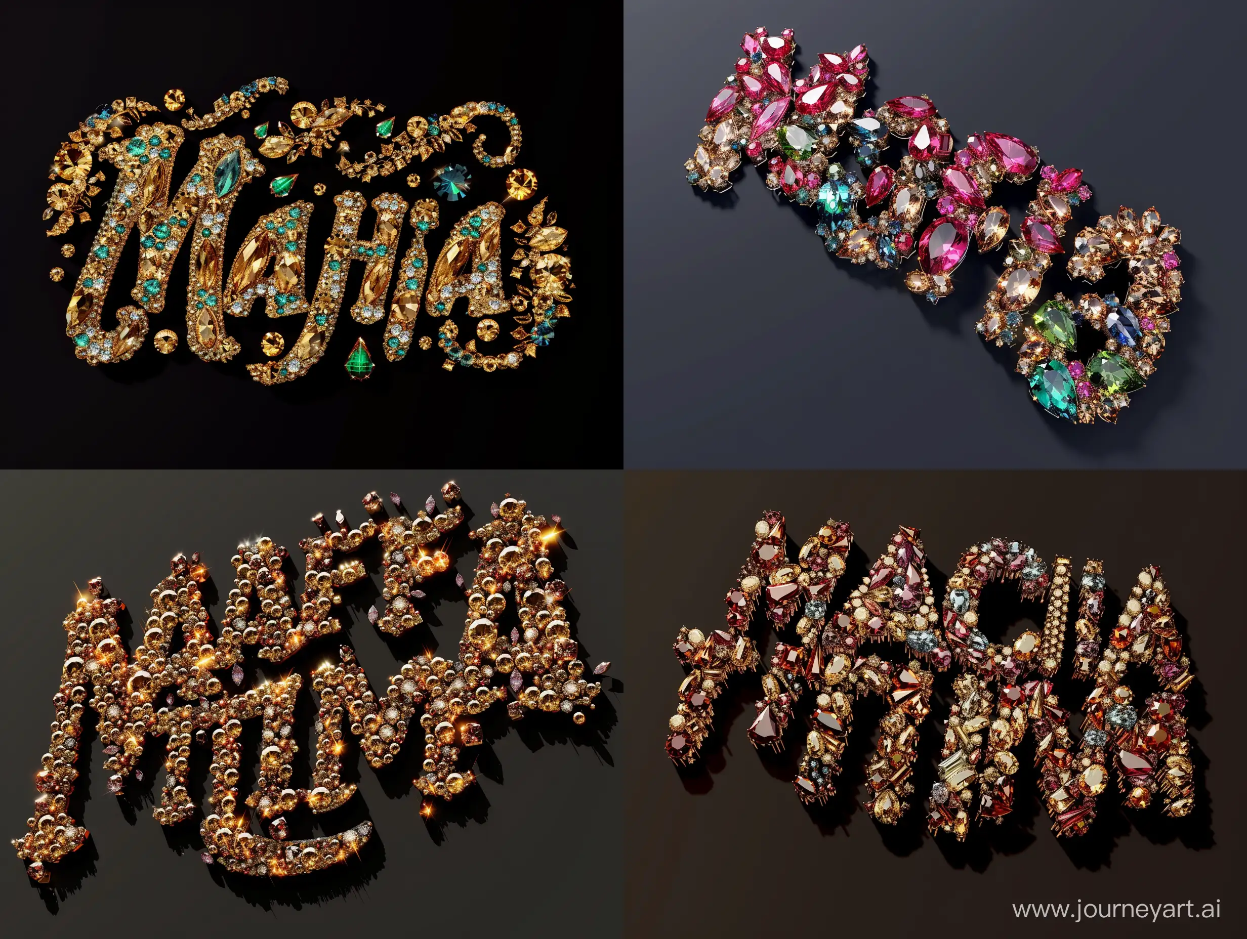 Lettermark logo with a dynamic arrangement of "Mafia" and "Time" made with precious stones