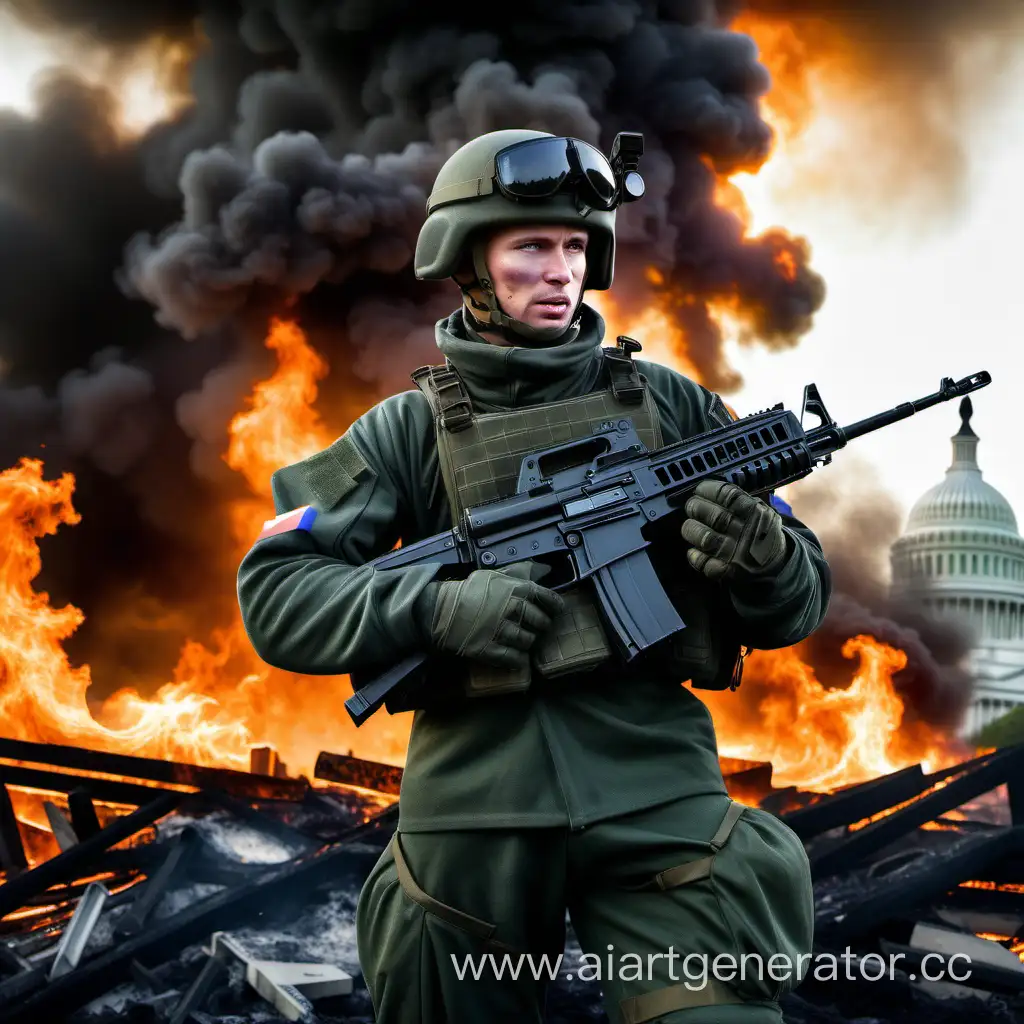Russian soldier, the armor of the future, holds a machine gun in his hands, against the backdrop of burning Washington