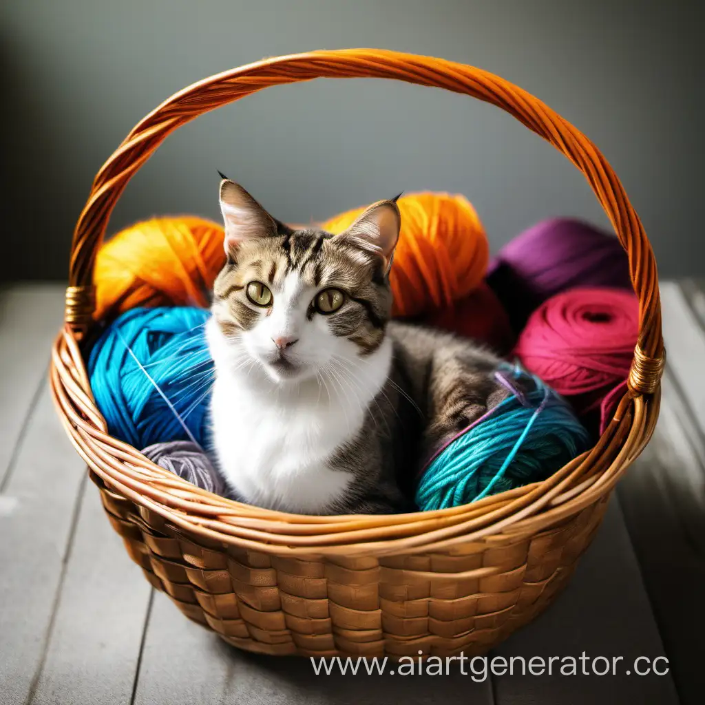 В плетеной корзине лежат много разноцветных клубков пряжи со спицами. Рядом с корзиной лежит кошка.