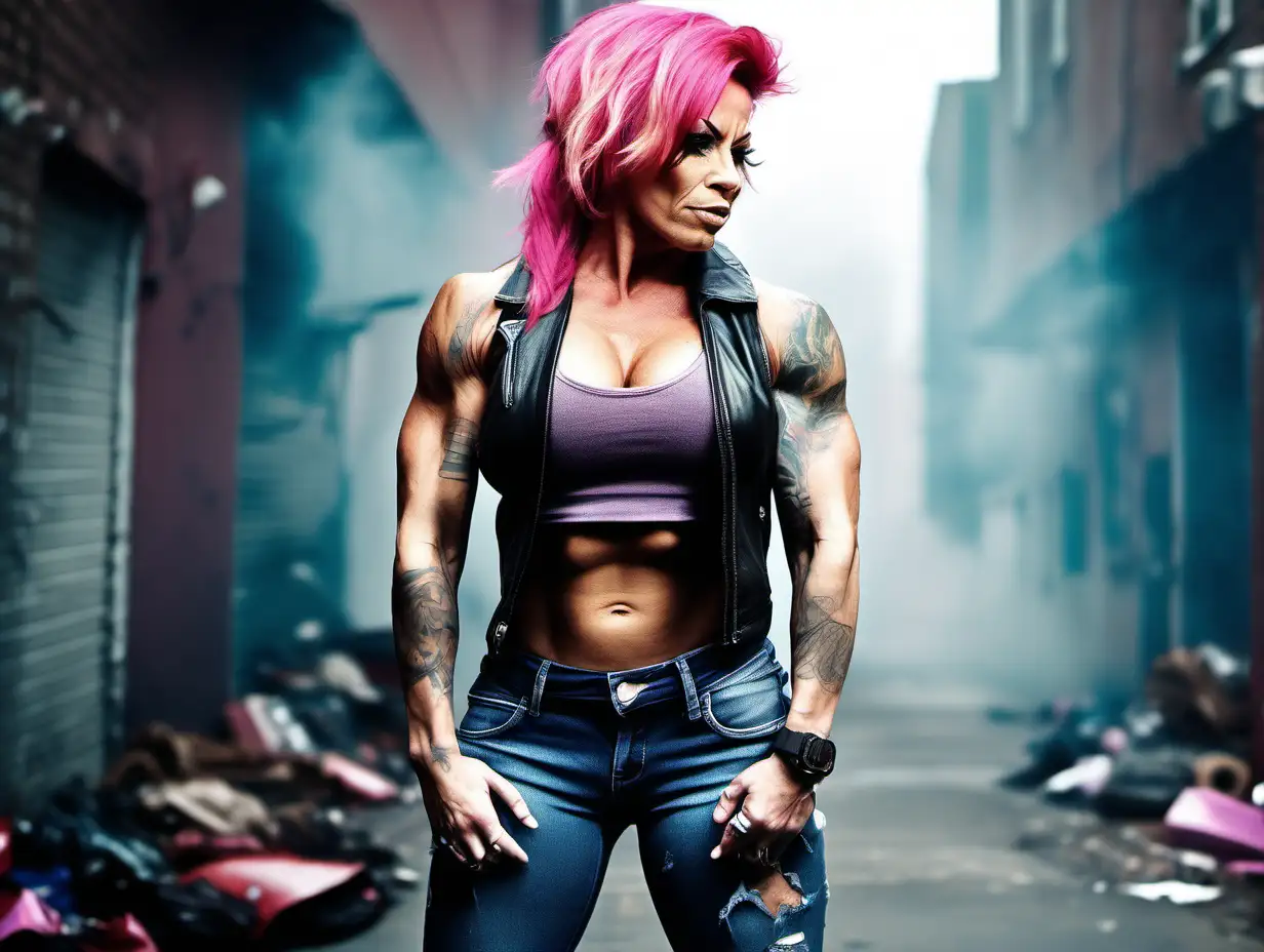 Big extremely muscular tattooed pink haired female bodybuilder in ripped condition with prominent veins wearing a sleeveless black leather vest and torn blue jeans standing in a cluttered foggy alley flexing her biceps and sneering