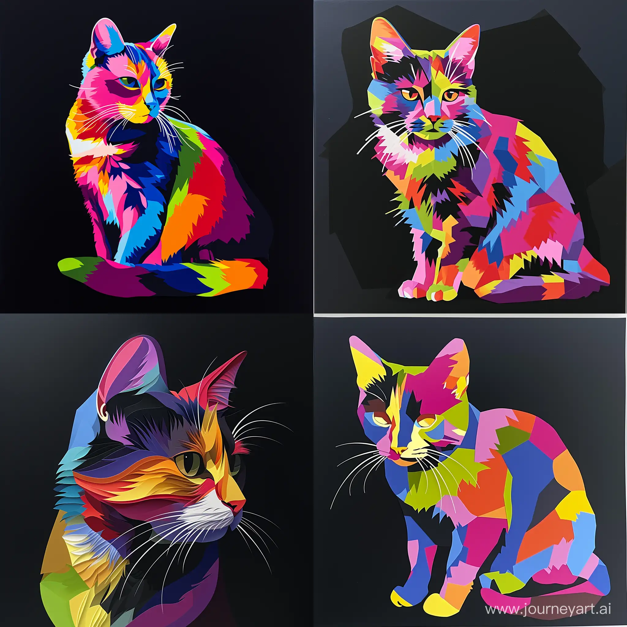 the picture of a colored cat on black paper, in the style of james gilleard, simplistic vector art, ross tran, modular, vibrant color gradients, shaped canvas