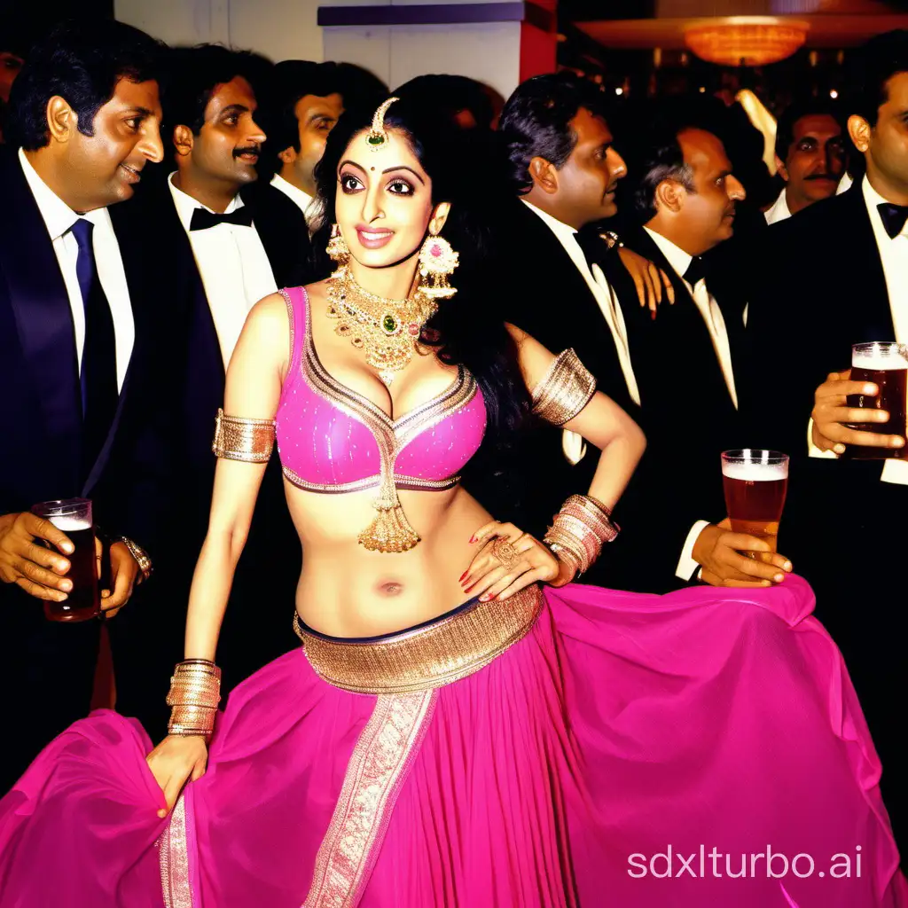 beautiful indian woman sridevi kapoor at her age of 30 wearing a pink belly-dancer dress is serving beer casually to rich men who are wearing black suits at a crowded night party, (NSFW),(full image)
