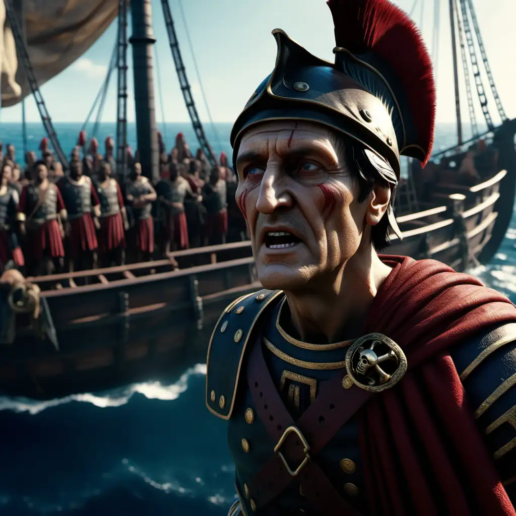 "Hello everyone! Today's video dives into the fascinating story of Julius Caesar's encounter with pirates. Explore how the brave leader outsmarted his captors and showcased strategic brilliance against all odds!"hyperrealistic,cinematik.8k