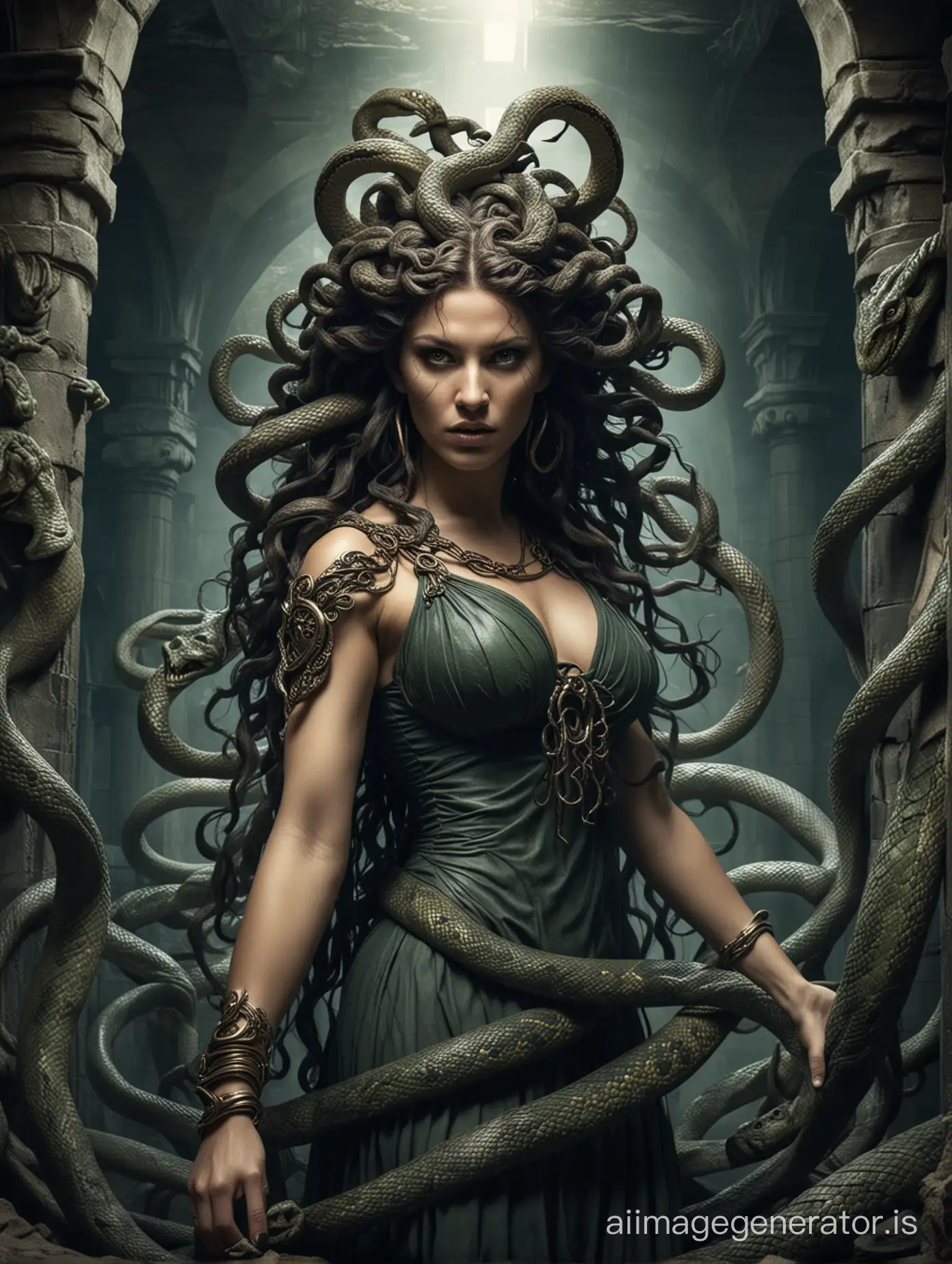 mythological medusa. woman-snake. background underground dungeon