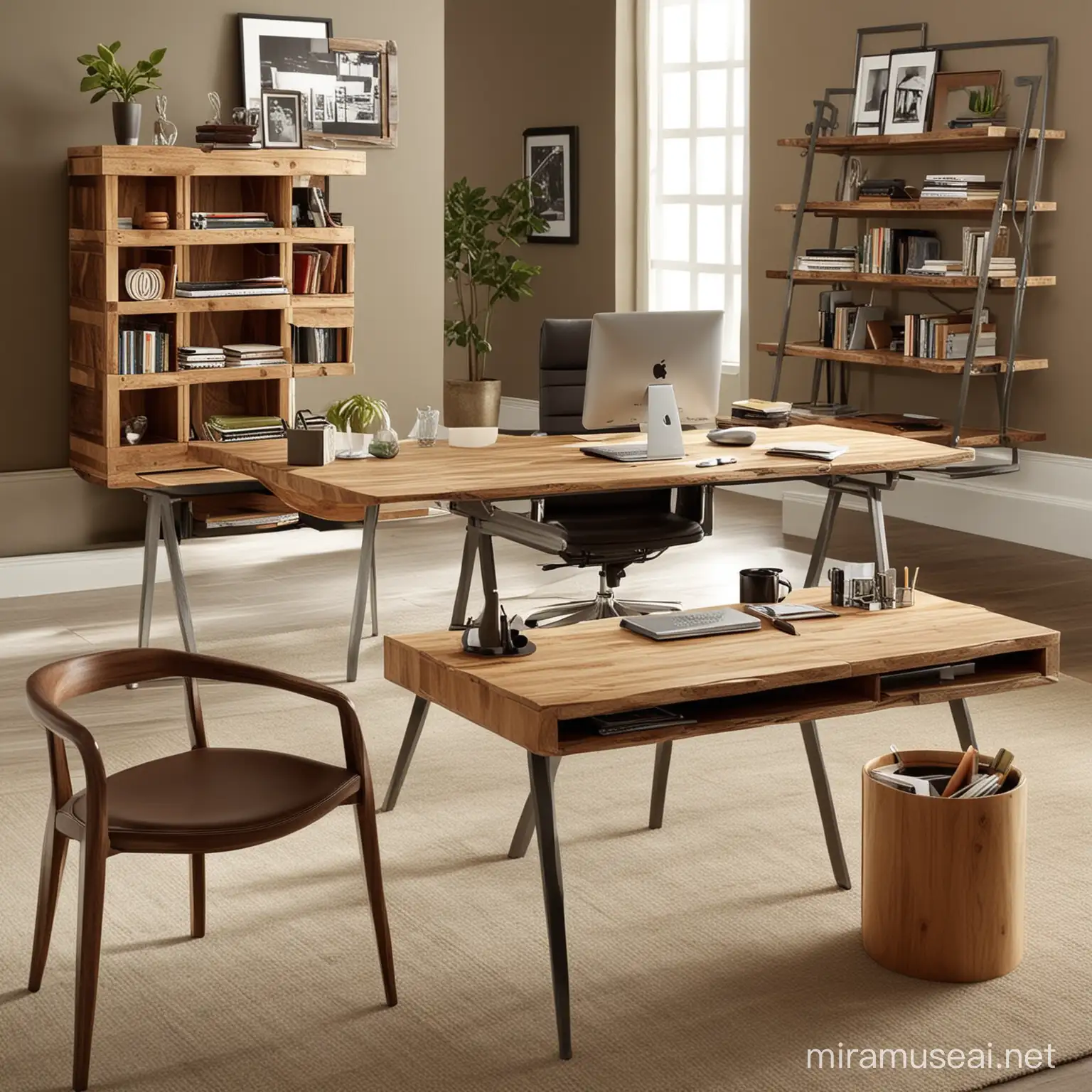 please create 5 different images of hip new sleek home offices done with sustainable, recycled and reused materials and objects.