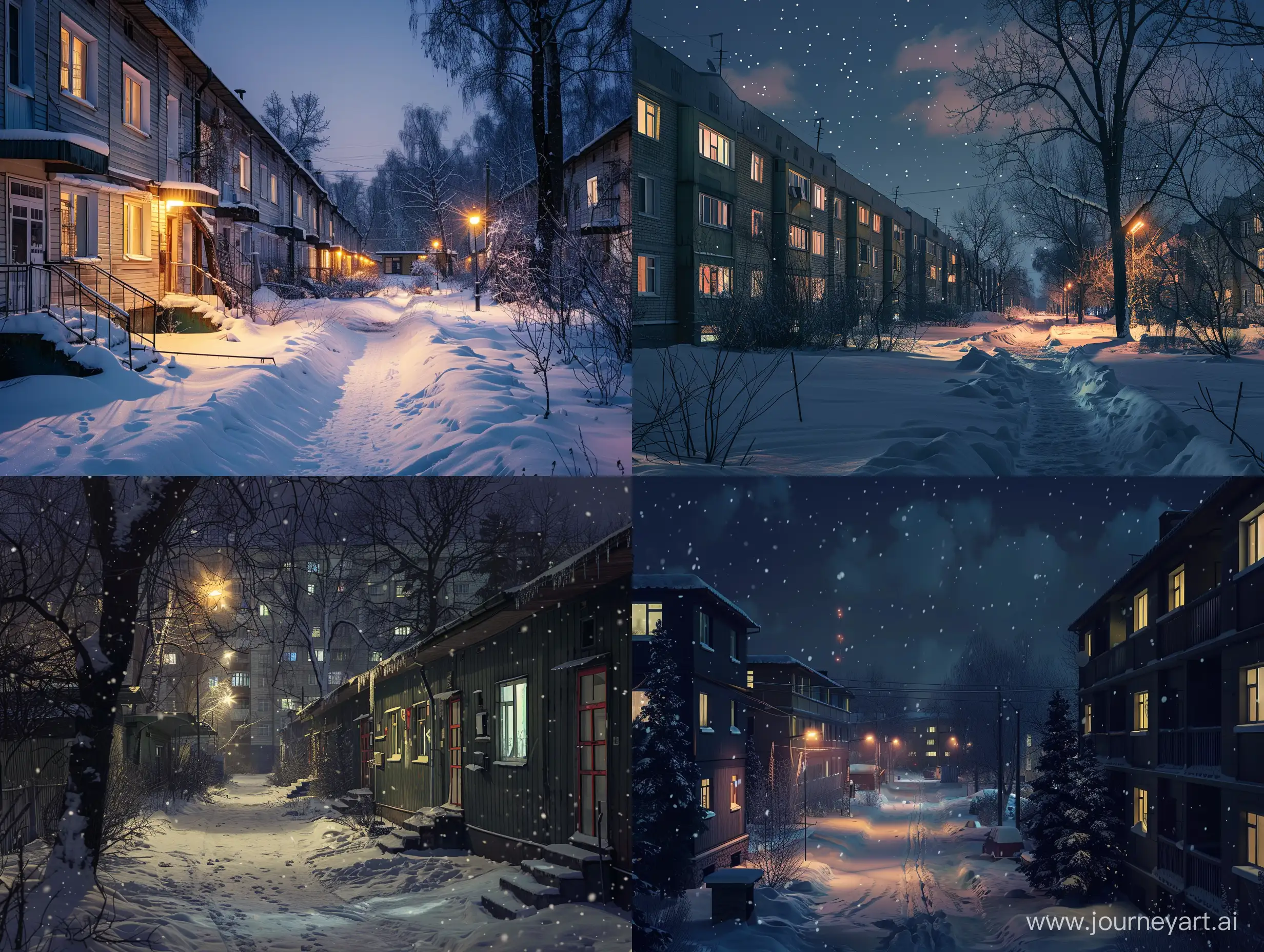 winter night dormitory neighborhood panel houses of the ussr, cinemtic 4k