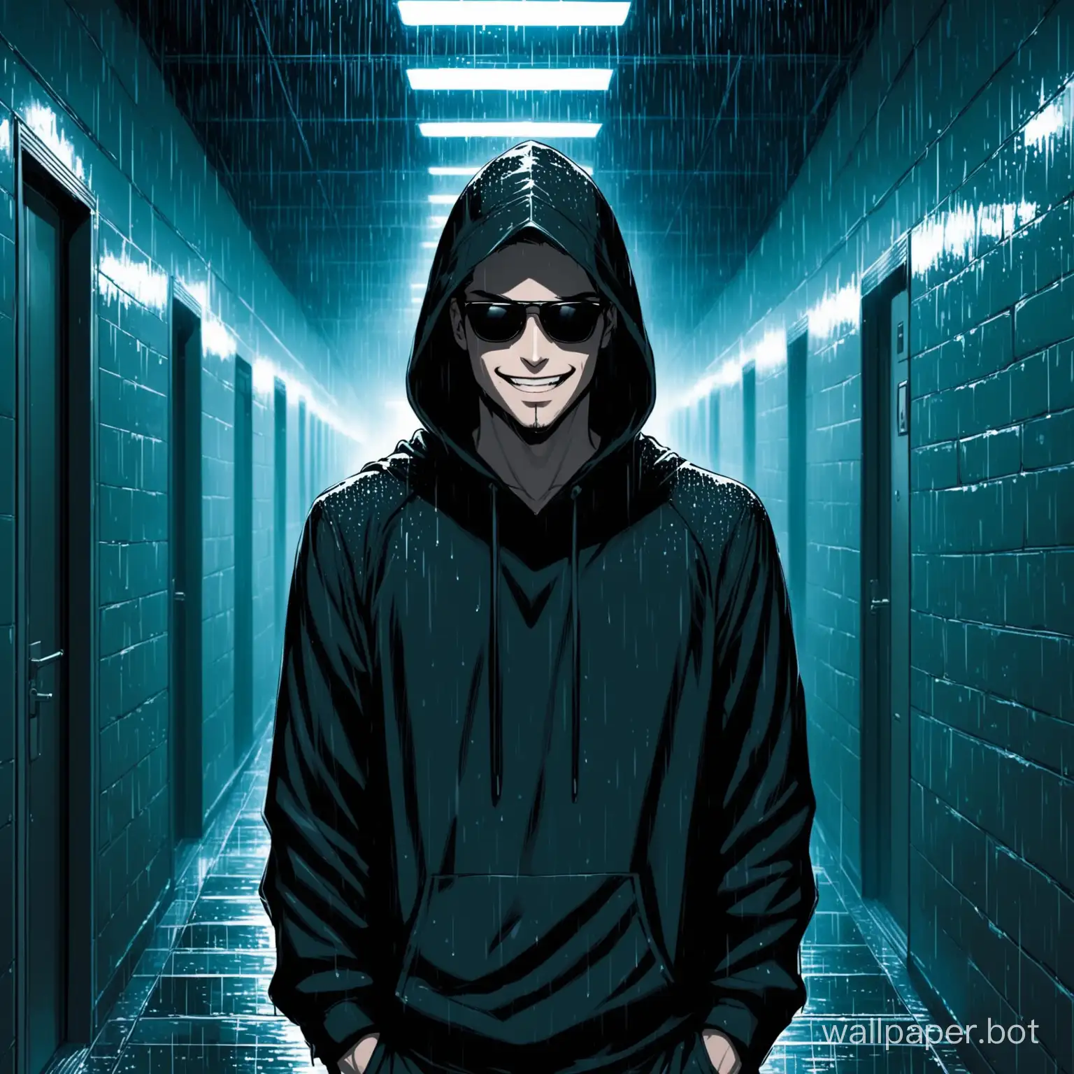 Guy, in a black hoodie, in the rain, wearing sunglasses, sinister smile, night, in the corridor
