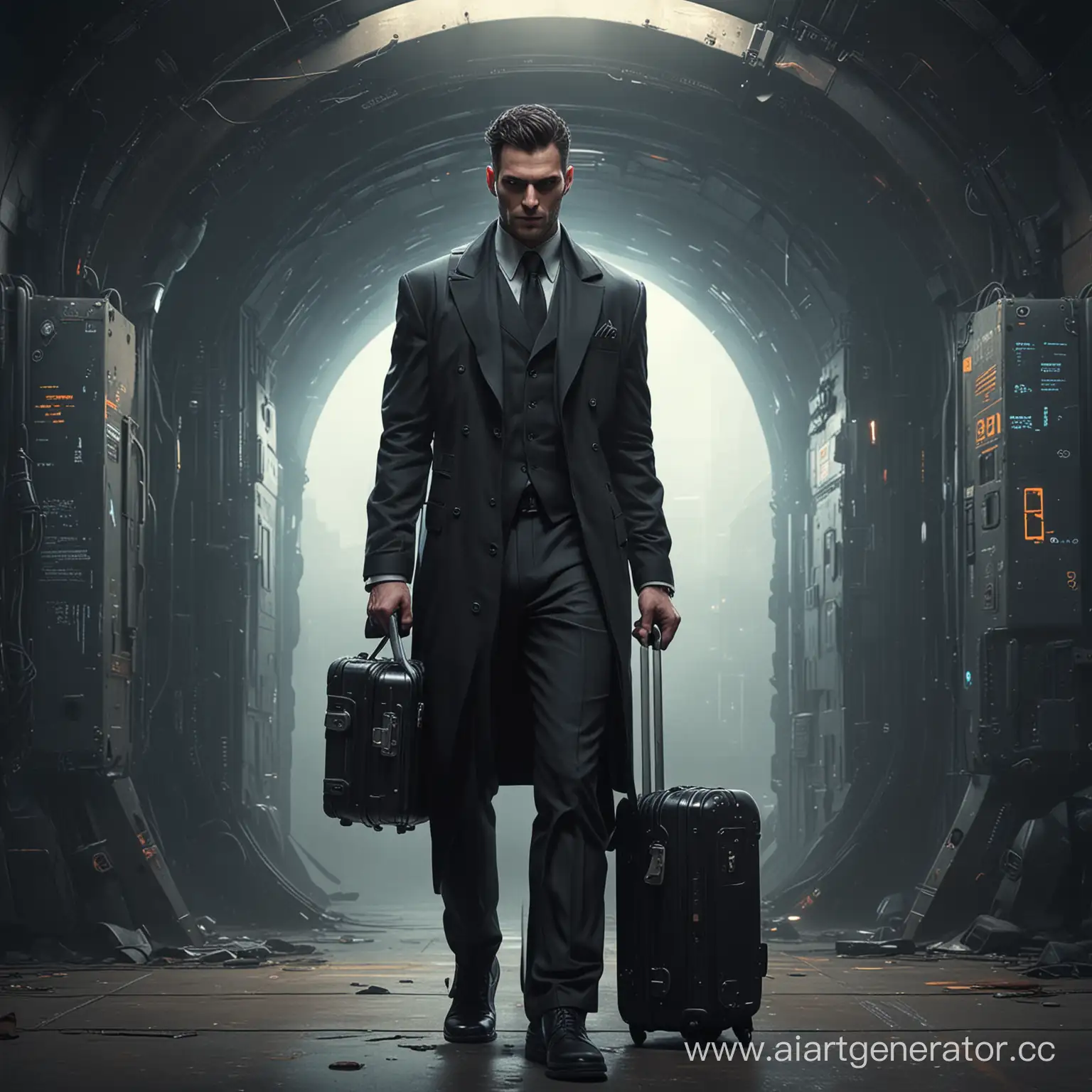 Киберпанк, человек в чёрном костюме, чемодан, загадочный человек, чемодан-портал