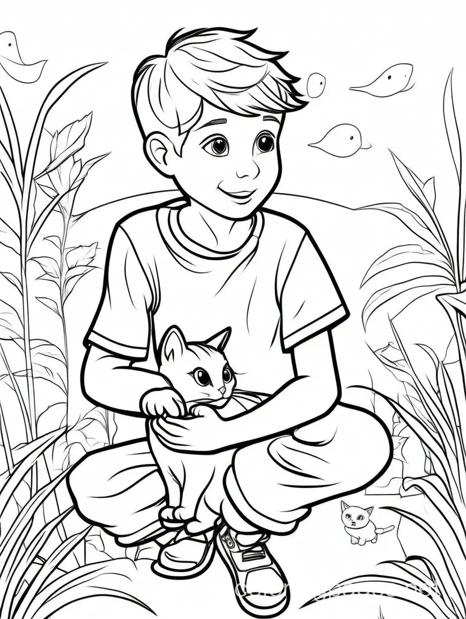 young boy play with cat, Coloring Page, black and white, line art, white background, Simplicity, Ample White Space. The background of the coloring page is plain white to make it easy for young children to color within the lines. The outlines of all the subjects are easy to distinguish, making it simple for kids to color without too much difficulty
