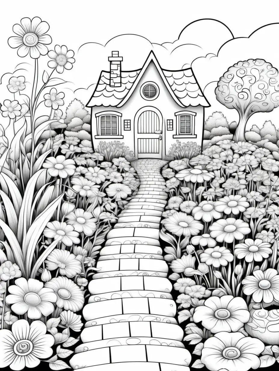 Whimsical flower garden wtih path leading to small cottage house for coloring book with black lines and white background