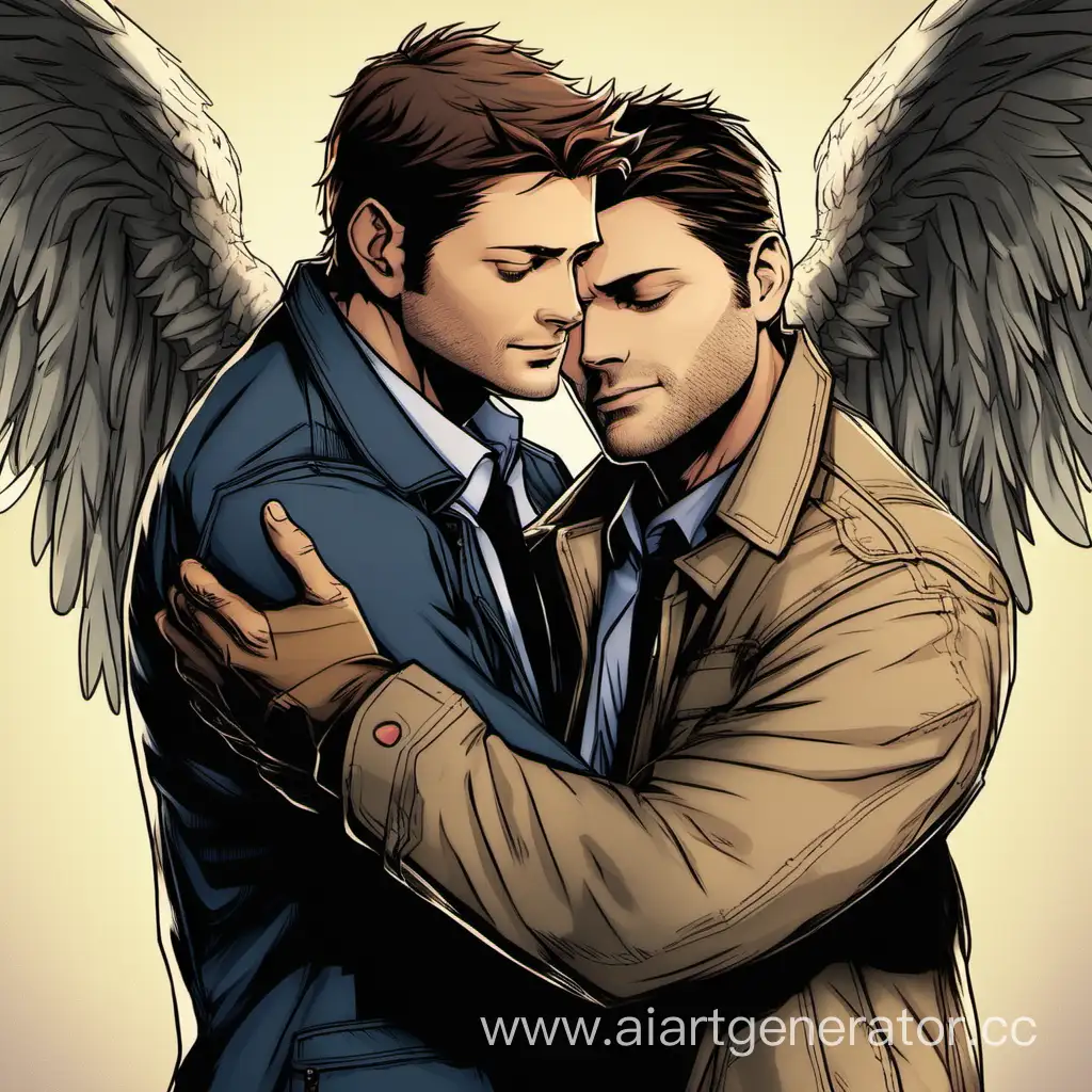 hunter Dean Winchester hugging with angel Castiel