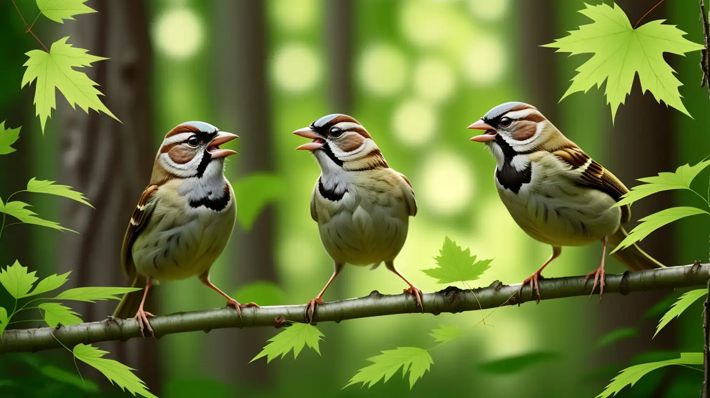 Vibrant Summer Scene Sparrows Engage in Animated Battle on Maple Branch